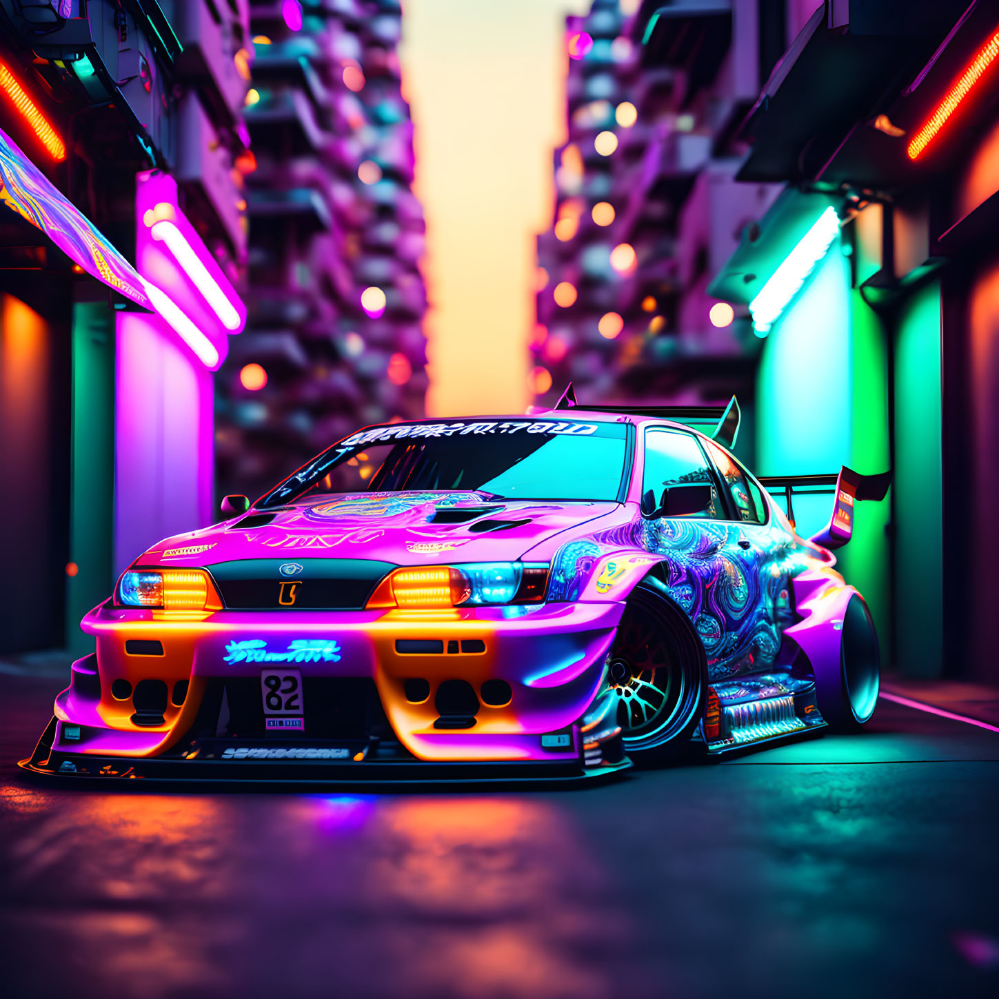 Colorful Custom Car with Neon Lights in Narrow Alley at Dusk