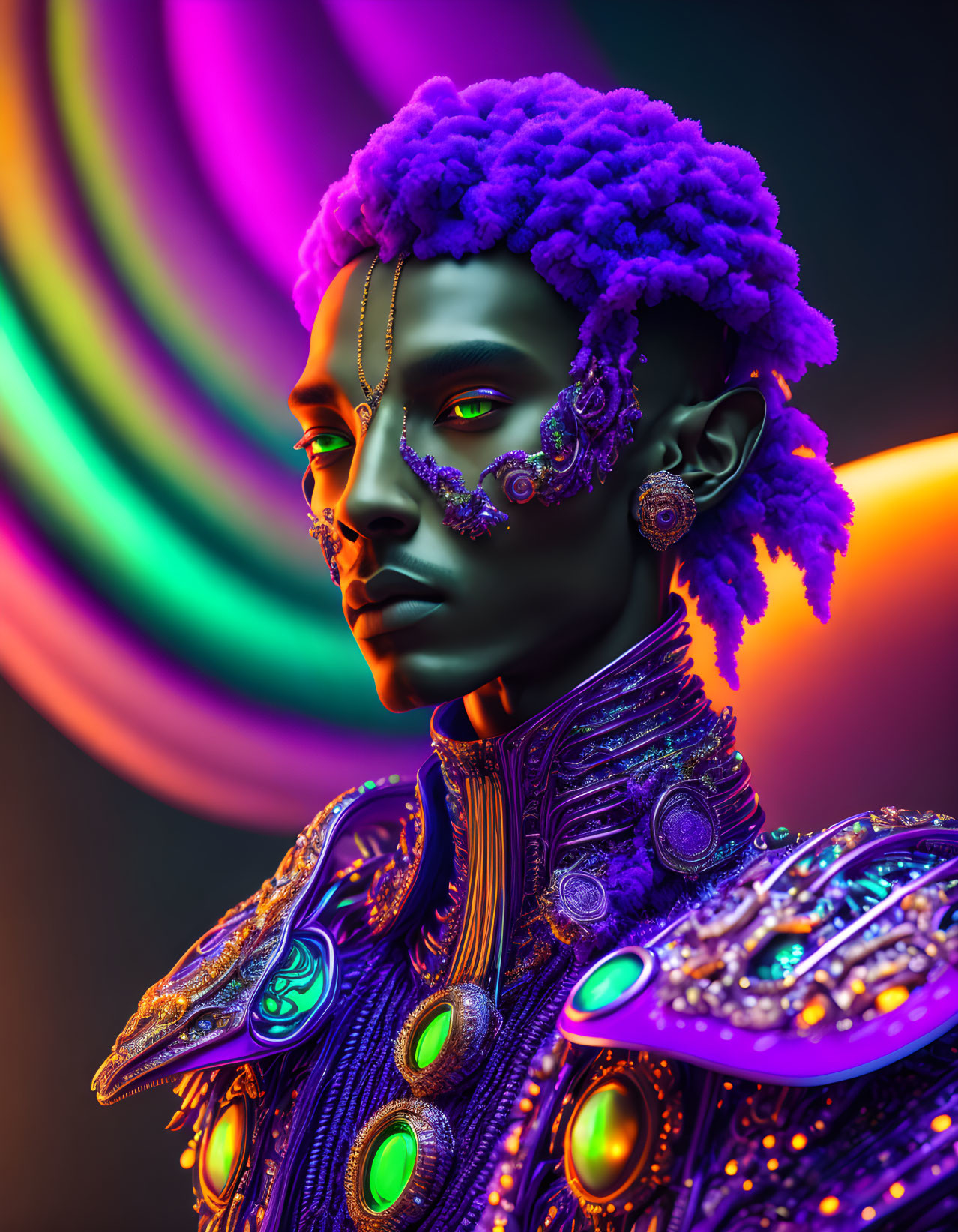 Colorful digital artwork: Purple-skinned figure with ornate jewelry