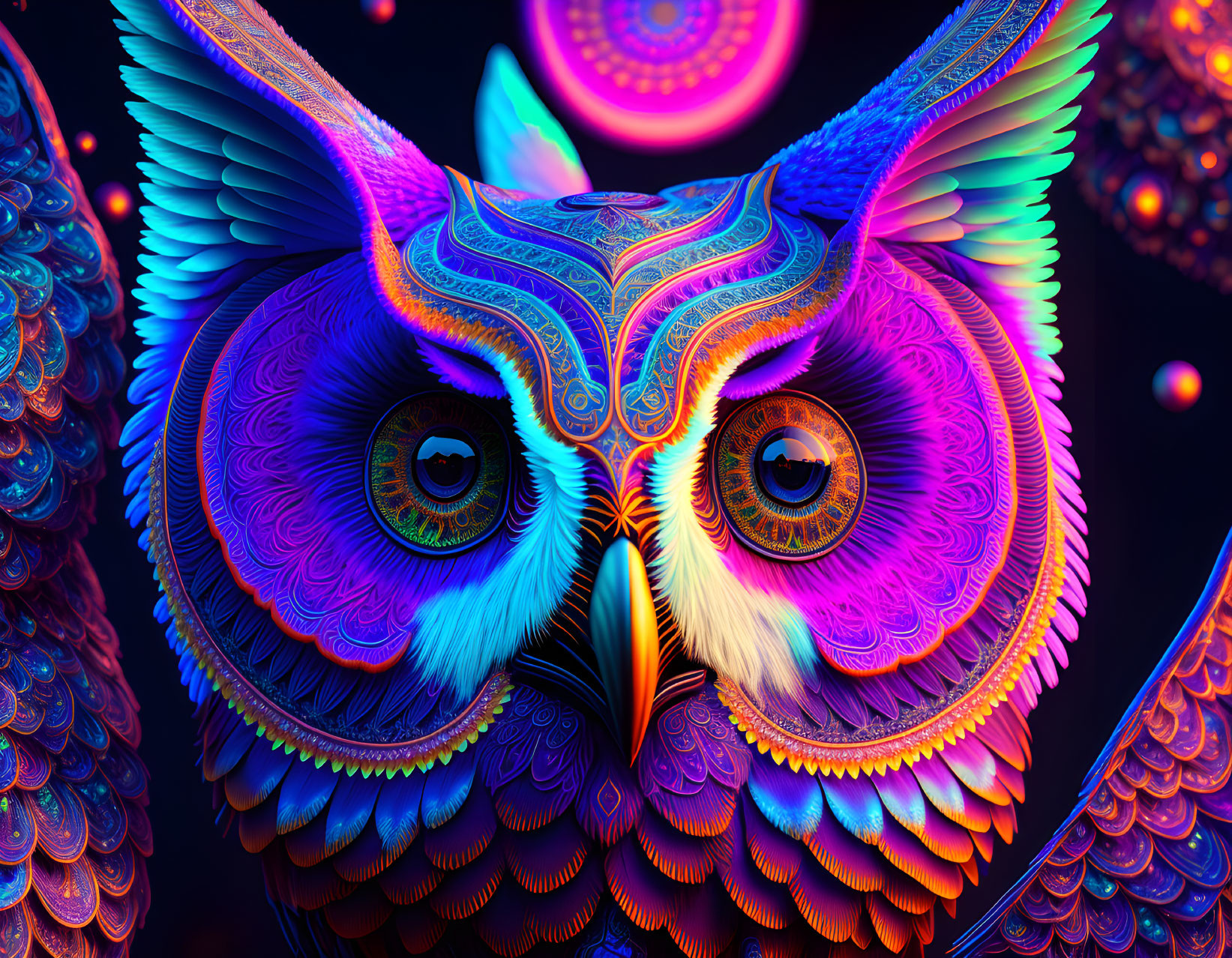 Colorful Owl Illustration with Intricate Patterns and Glowing Orbs