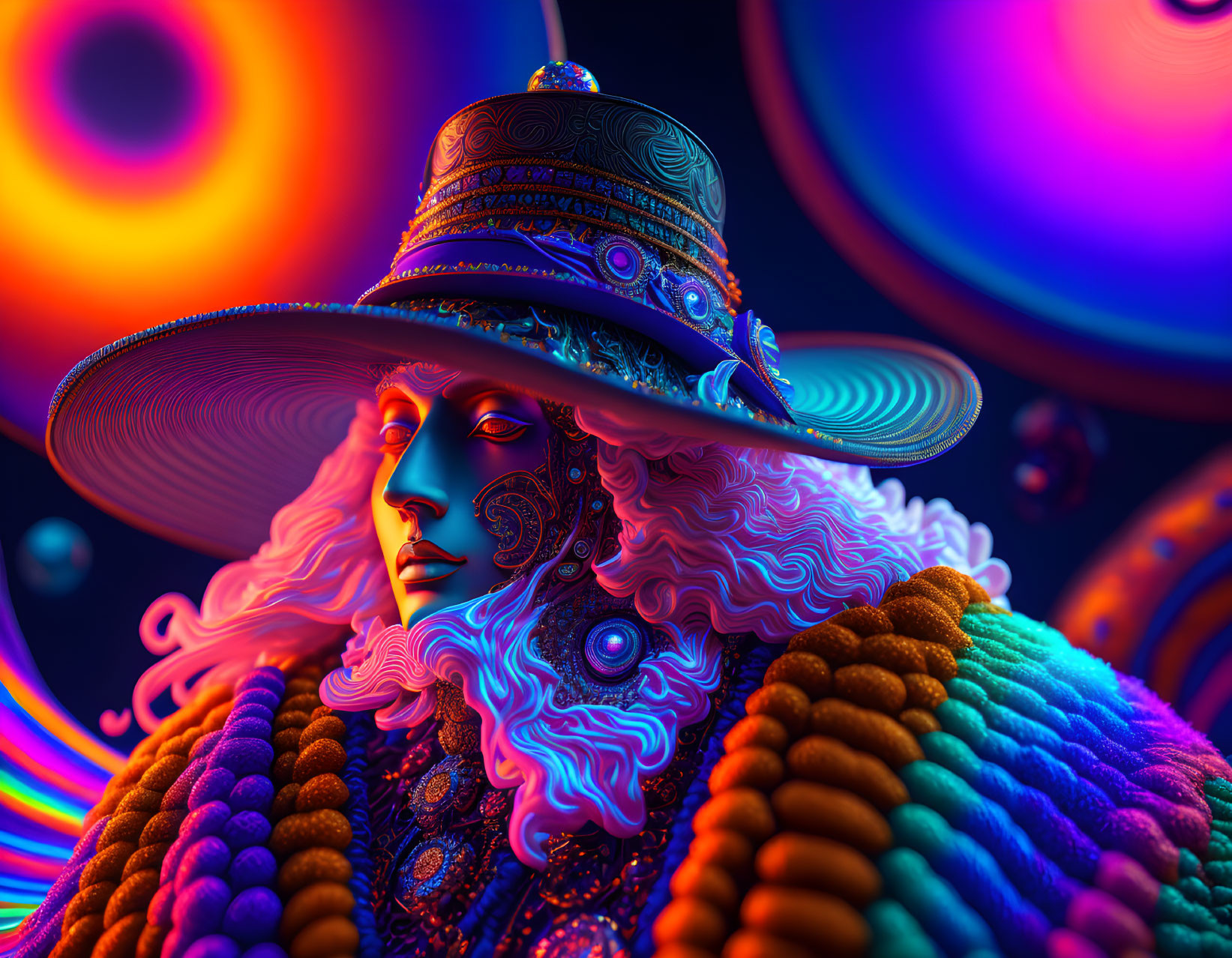 Colorful digital artwork of person with ornate patterns and wide-brimmed hat against abstract background