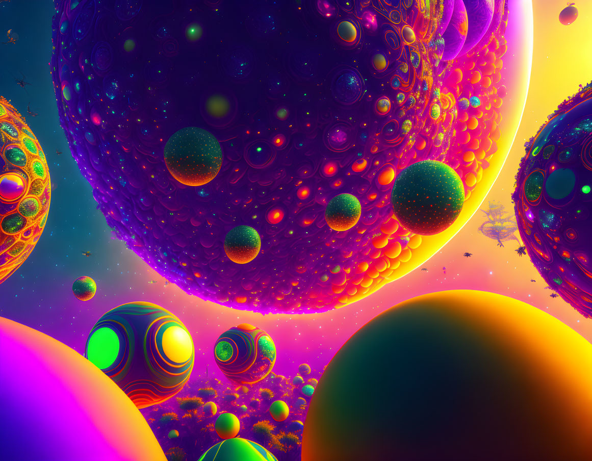 Colorful Psychedelic Space Scene with Patterned Spheres