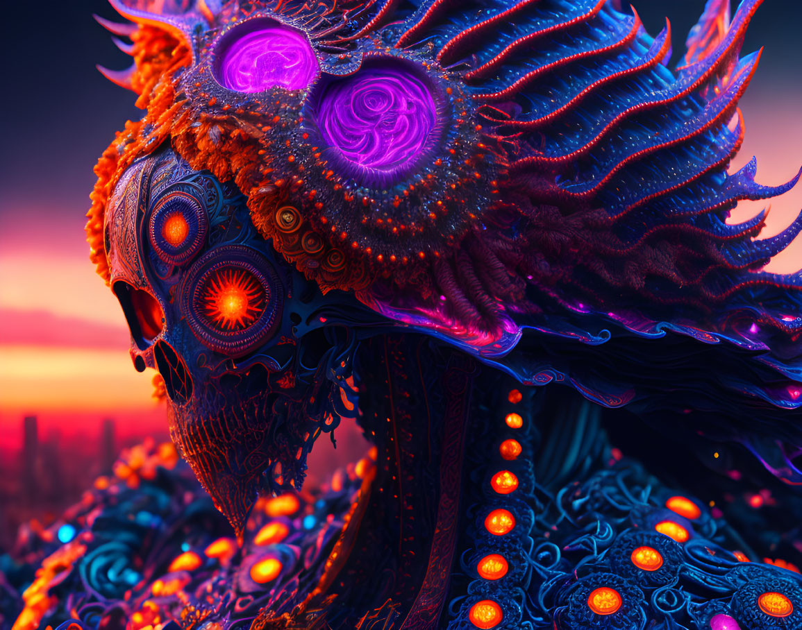 Colorful surreal creature with glowing orange eyes and intricate patterns in fractal design on sunset sky