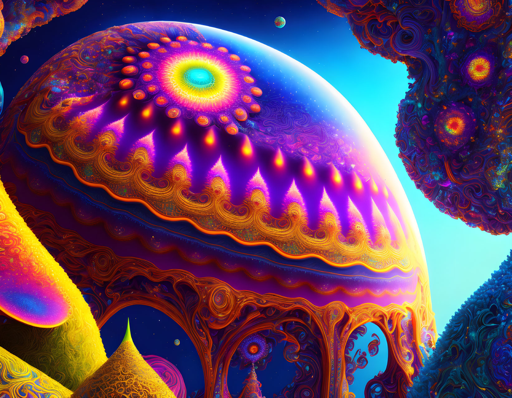 Colorful Psychedelic Landscape with Intricate Patterns and Domed Structure