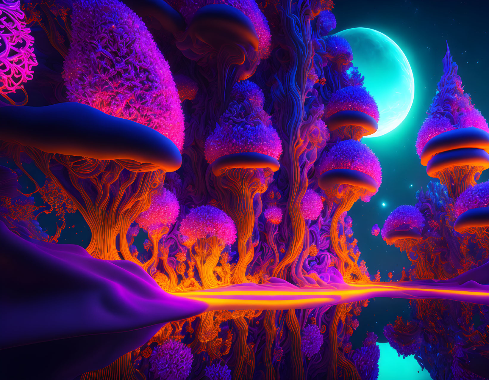 Fantasy landscape with neon colors, mushroom trees, reflective water, and dual moons