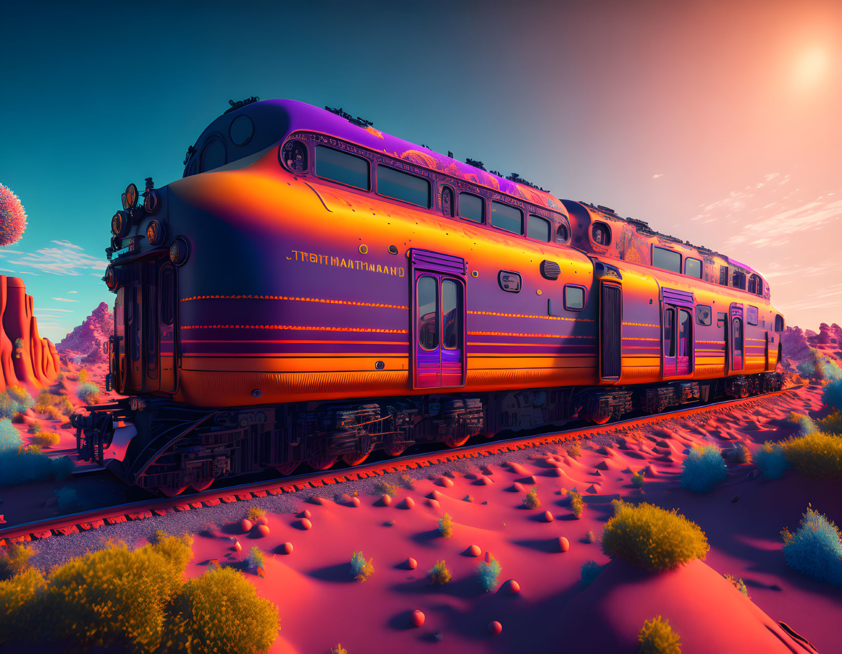 Retro-futuristic purple and gold train in surreal desert landscape