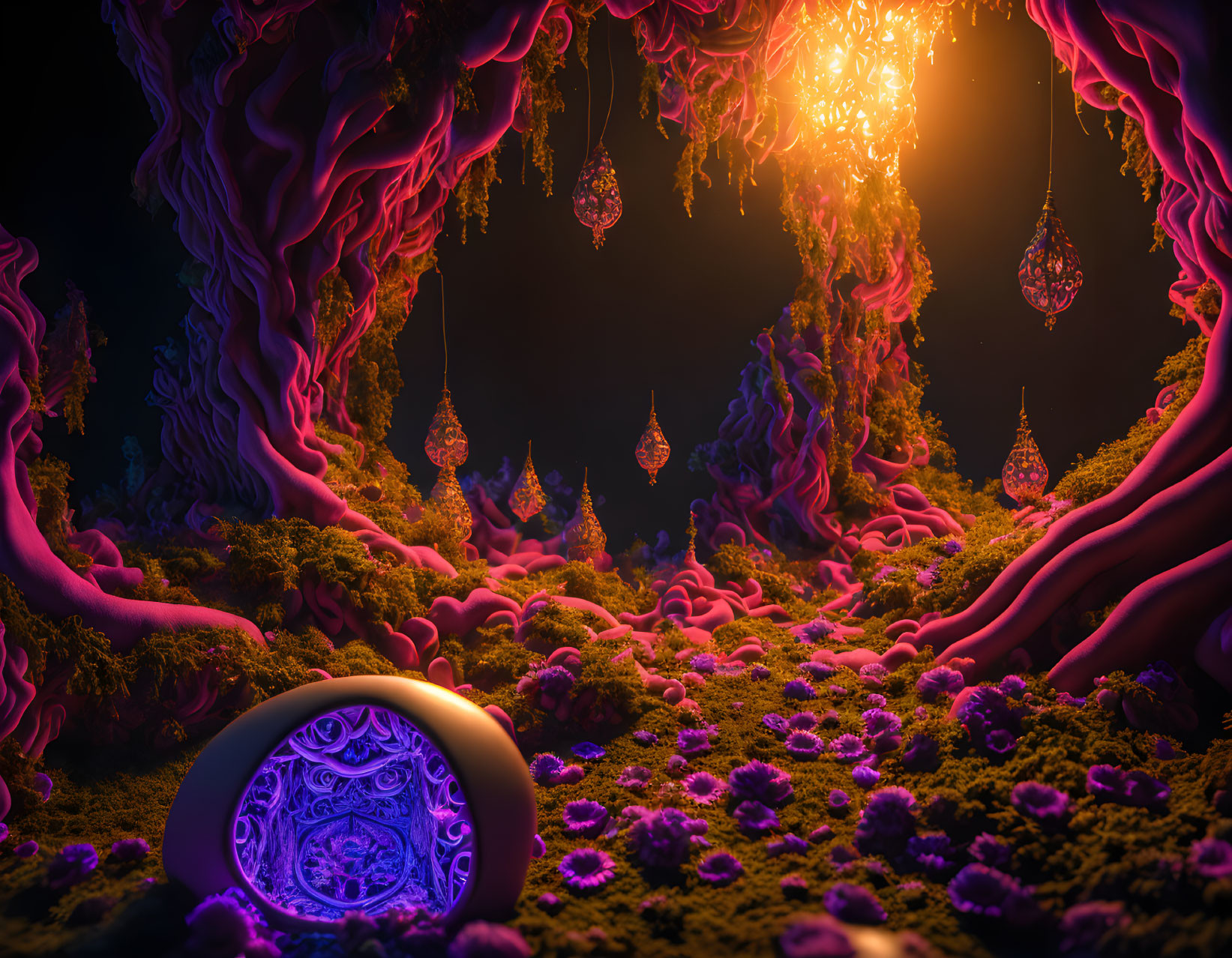 Vibrant purple trees, glowing ornaments, luminous portal in alien flower field