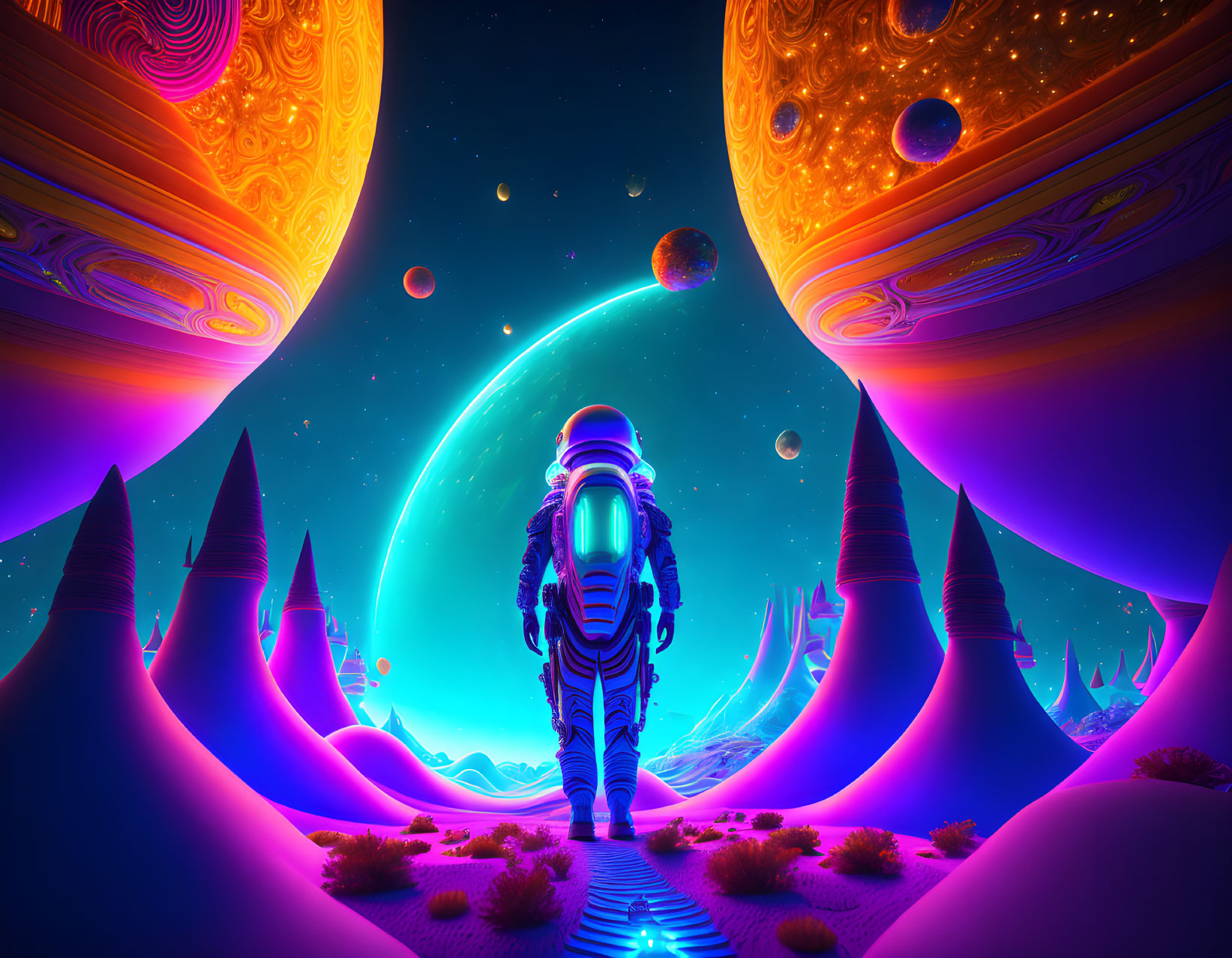 Astronaut on vibrant alien landscape with swirling skies