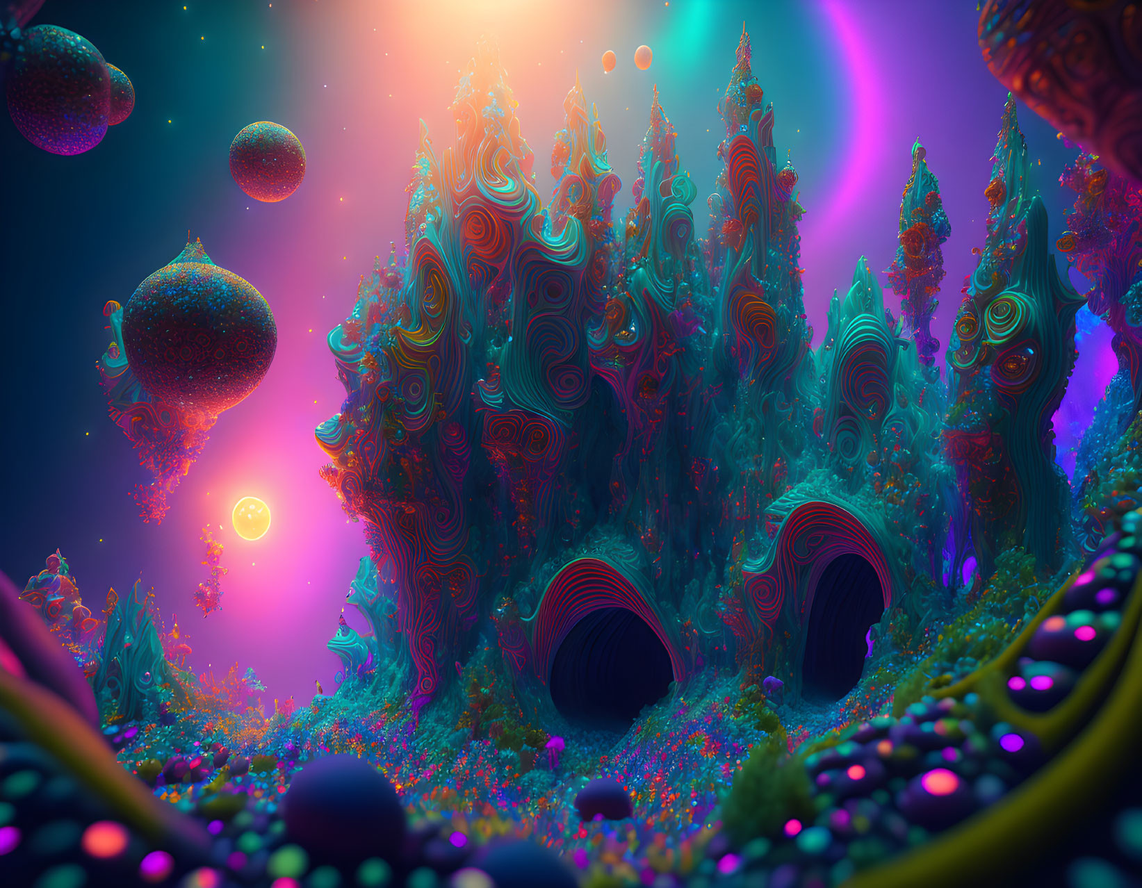 Colorful surreal landscape with swirling formations and floating orbs under neon-lit sky