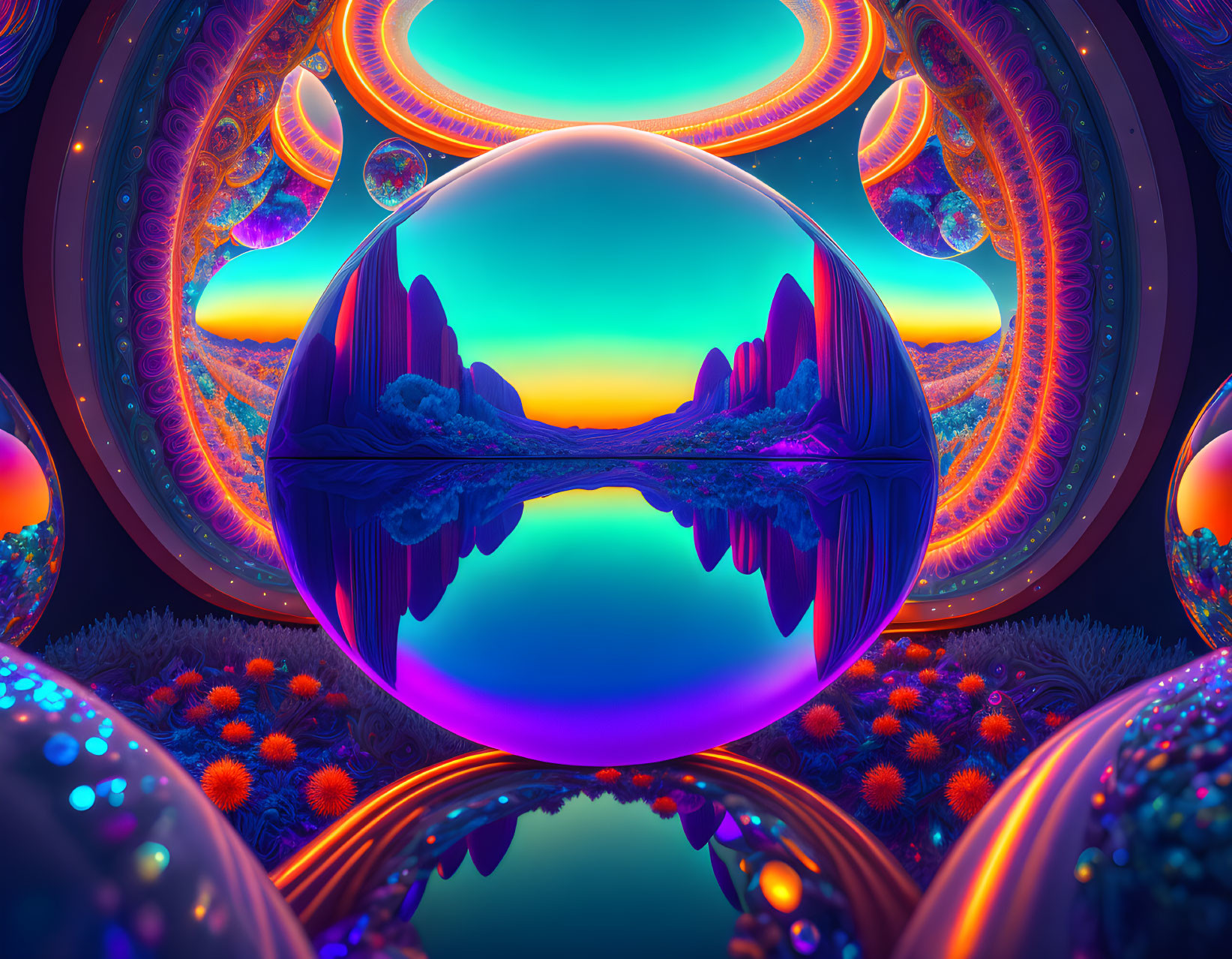 Colorful digital artwork: Reflective sphere in surreal neon landscape