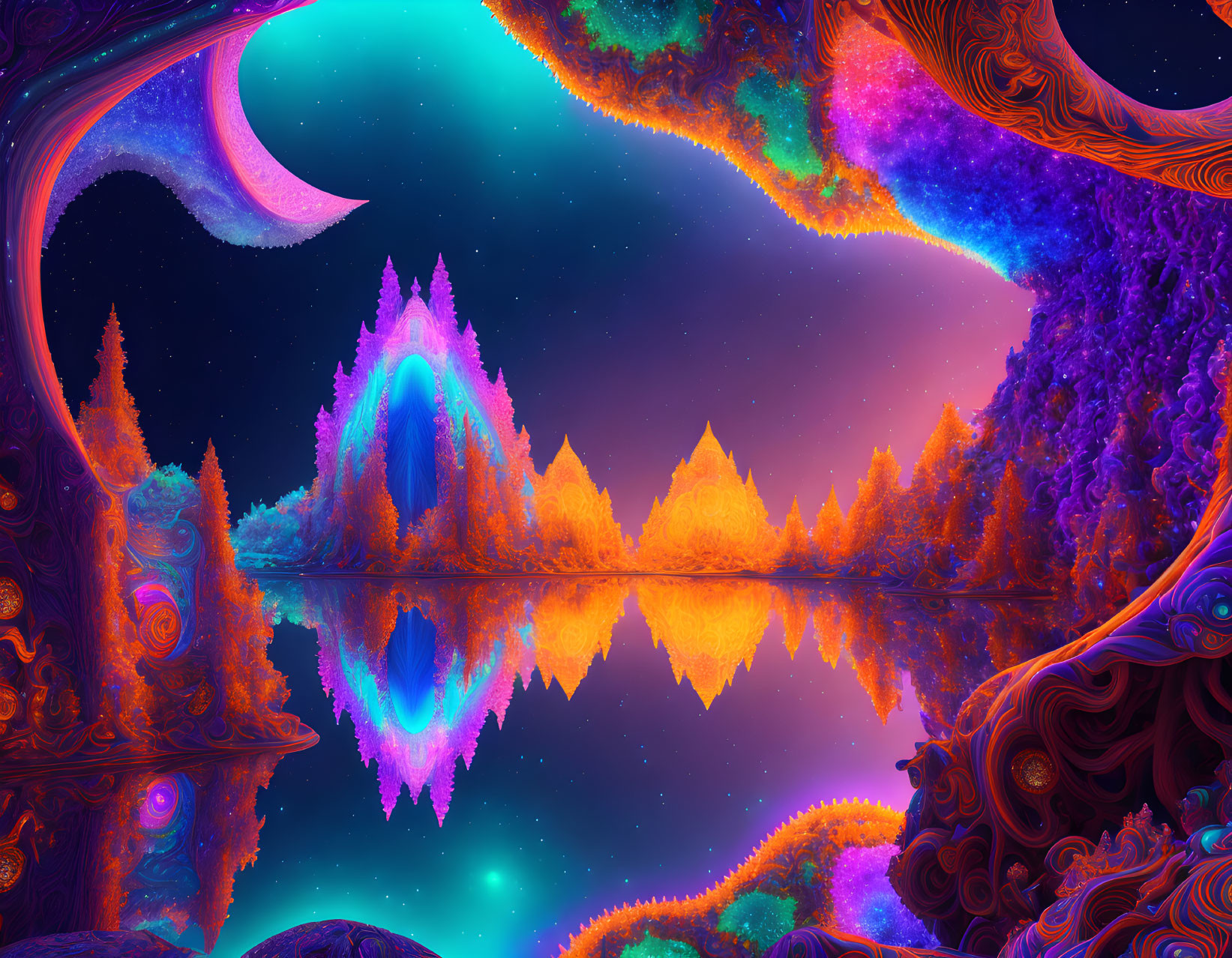 Vibrant Psychedelic Landscape with Mirrored Trees and Serene Lake