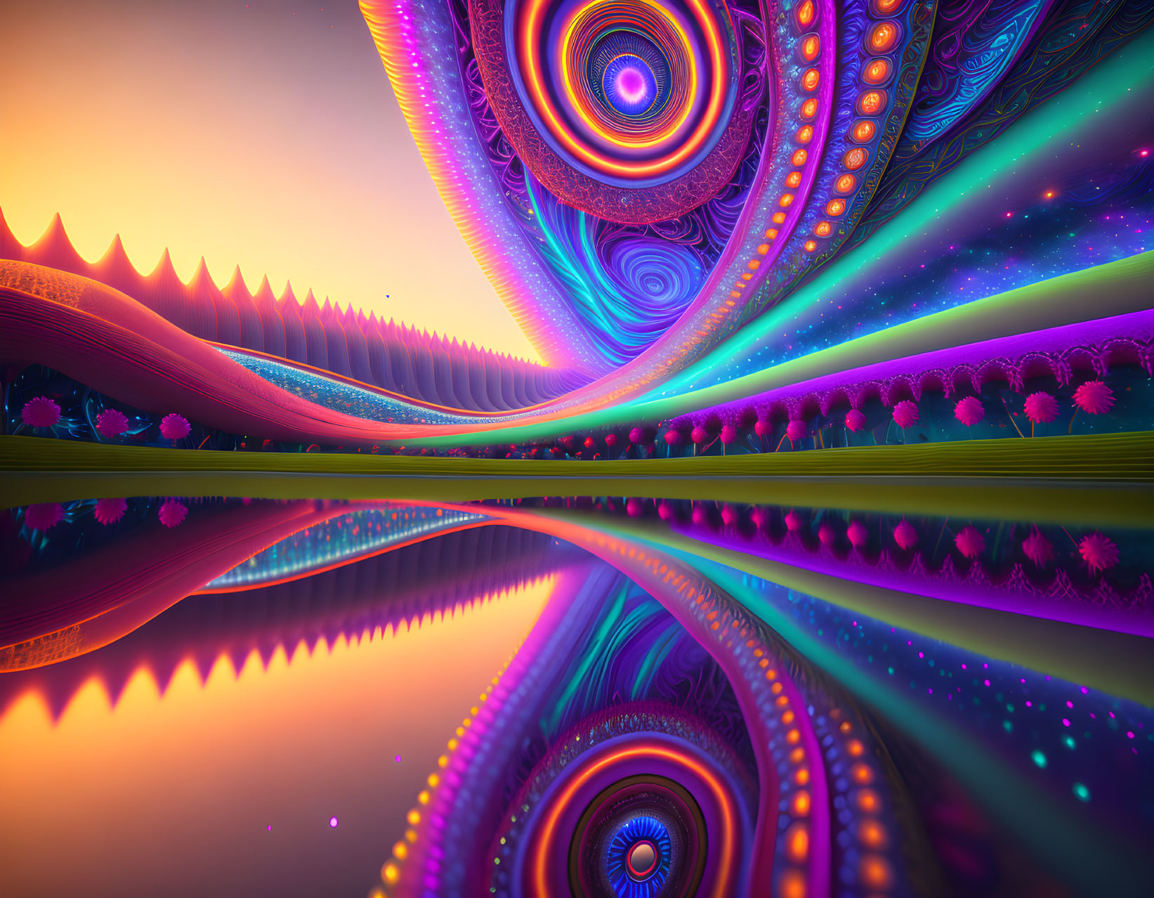 Colorful Fractal Illustration with Mirrored Surface and Gradient Sky