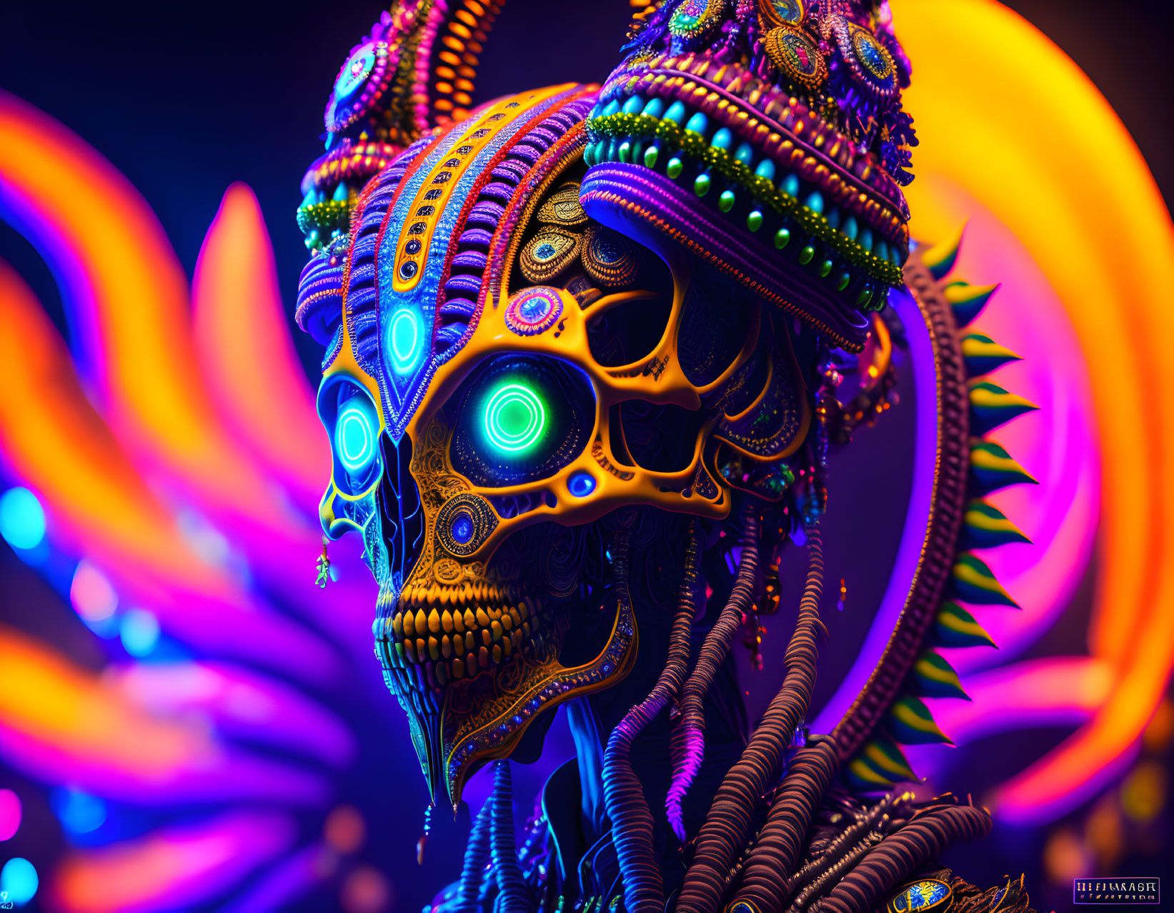 Colorful psychedelic skull with neon patterns on abstract backdrop