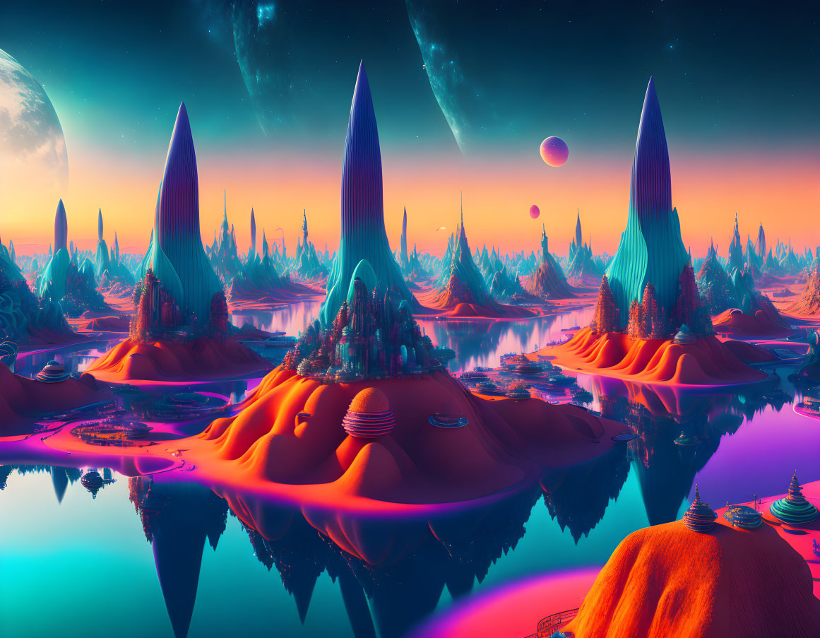 Alien landscape digital artwork with towering spires and multiple moons