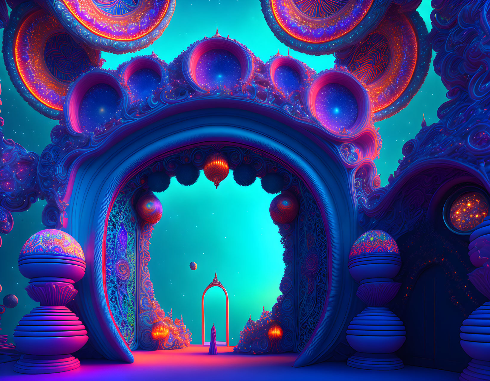 Fantasy Landscape with Glowing Archways and Celestial Motifs