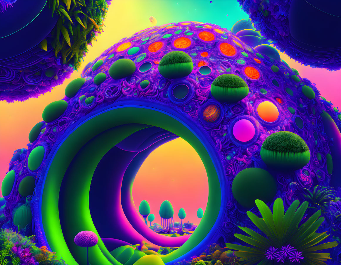 Colorful Psychedelic Landscape with Spherical Structure and Floating Orbs