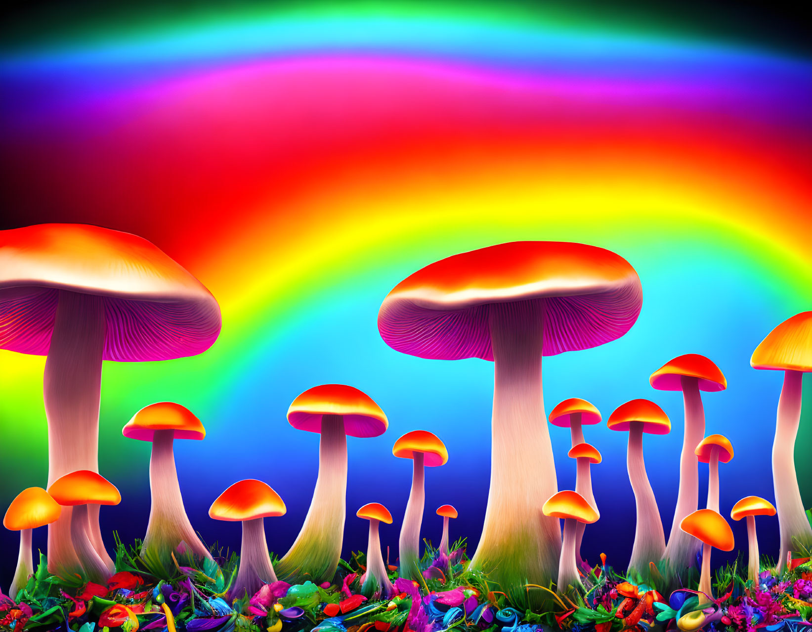 Colorful Mushroom Illustration with Rainbow Arch