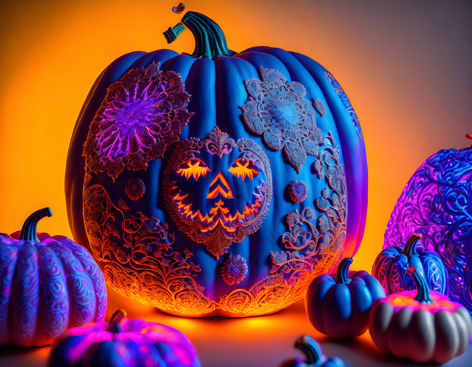 Intricately Carved Artificial Pumpkins on Orange and Blue Gradient Background