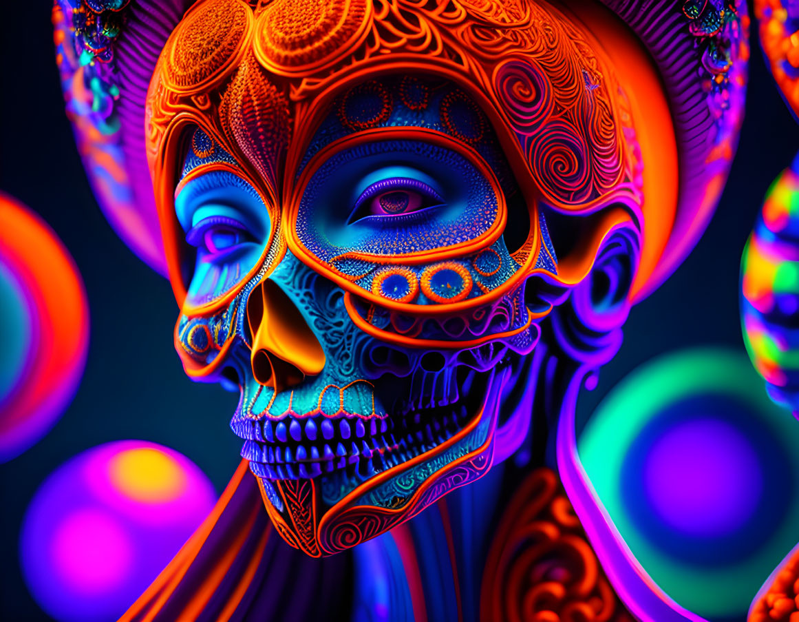 Colorful Skull Artwork in Neon Orange and Blue Hues on Bokeh Background