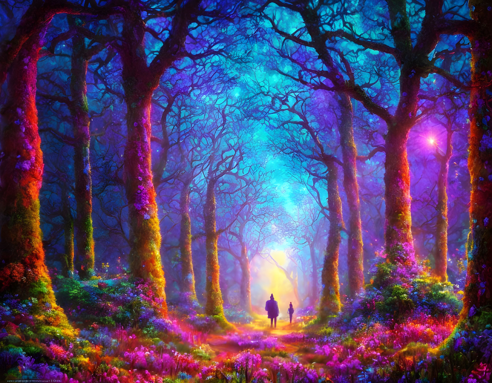 Enchanting fantasy forest with purple and blue hues and silhouetted figures