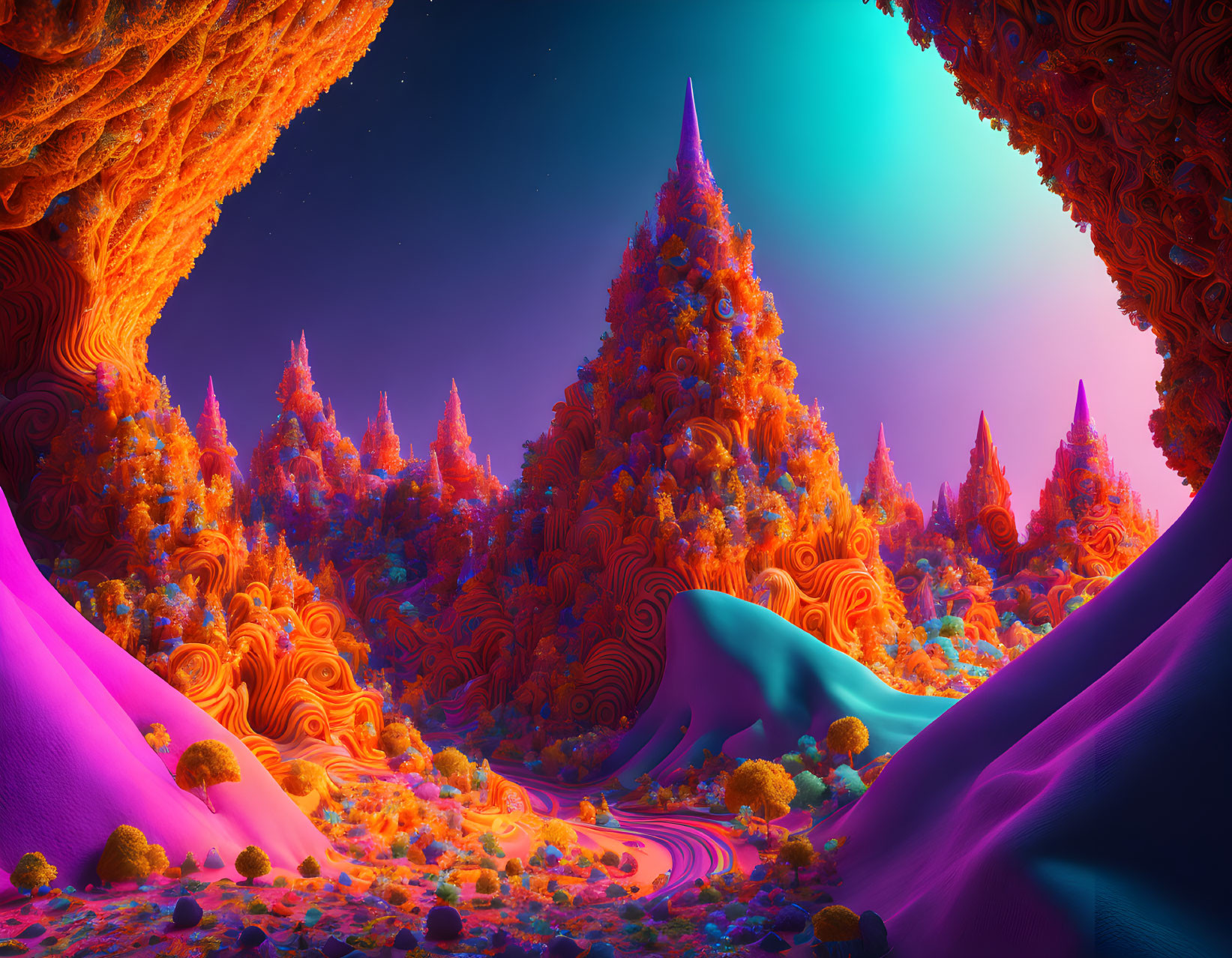 Colorful alien landscape with orange swirls, purple terrain, and neon flora