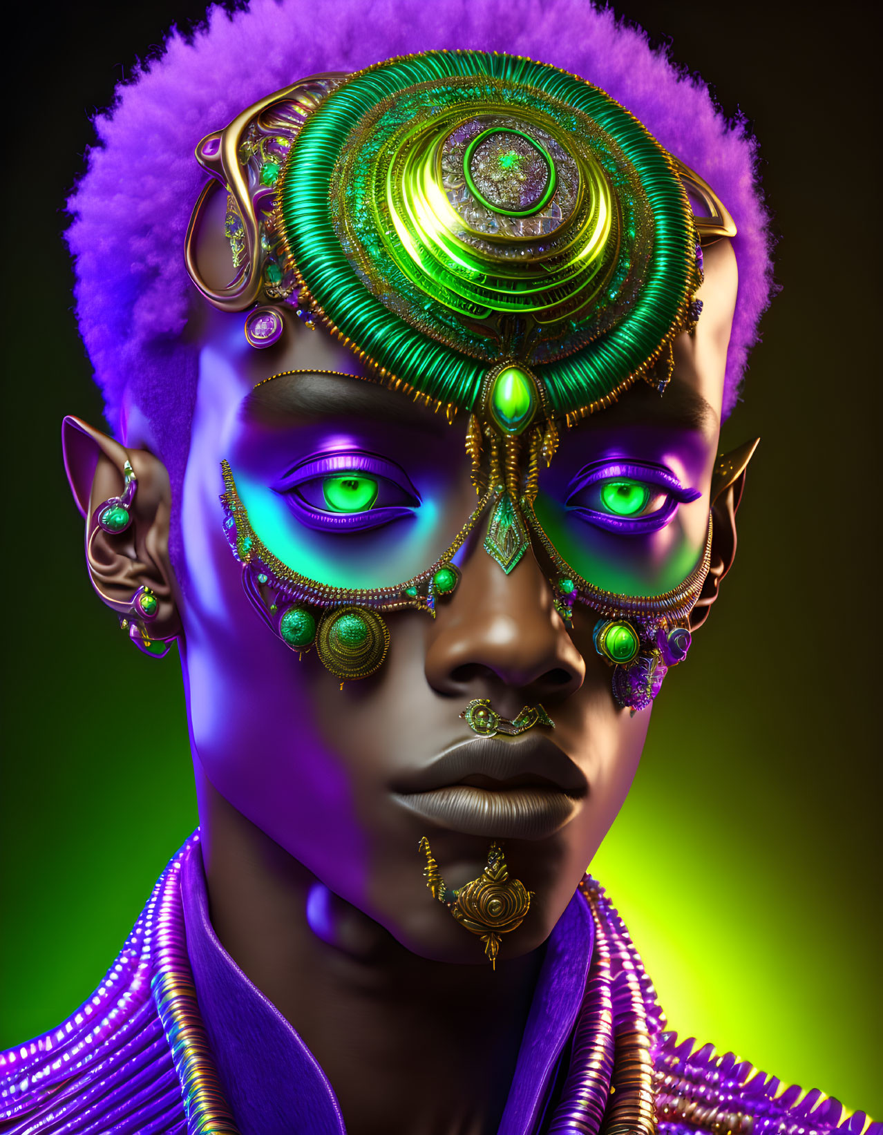 Colorful digital artwork: stylized figure with purple skin, intricate golden facial ornaments, and mech-like