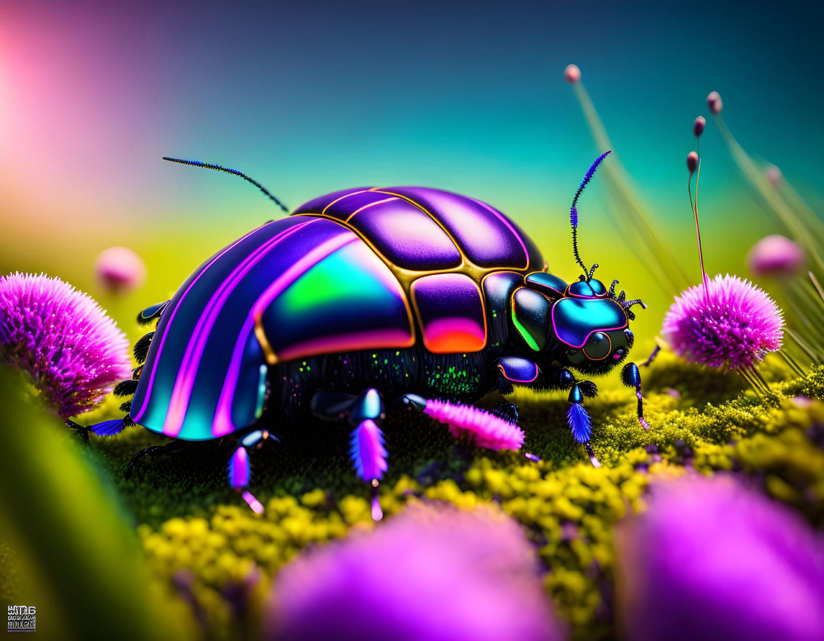 Colorful iridescent beetle on mossy ground with purple flowers and blue stalks