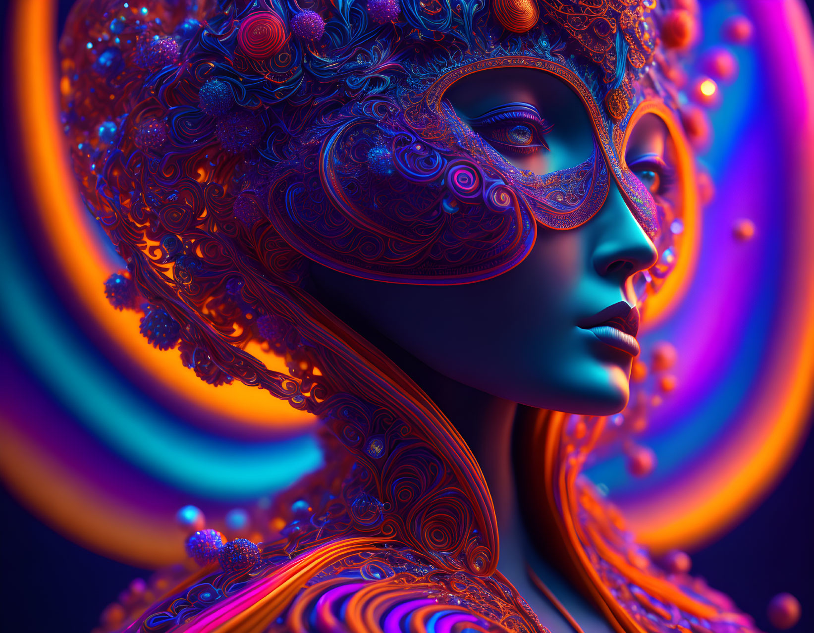 Colorful digital artwork: Woman in ornate mask and headdress with neon palette & concentric circles