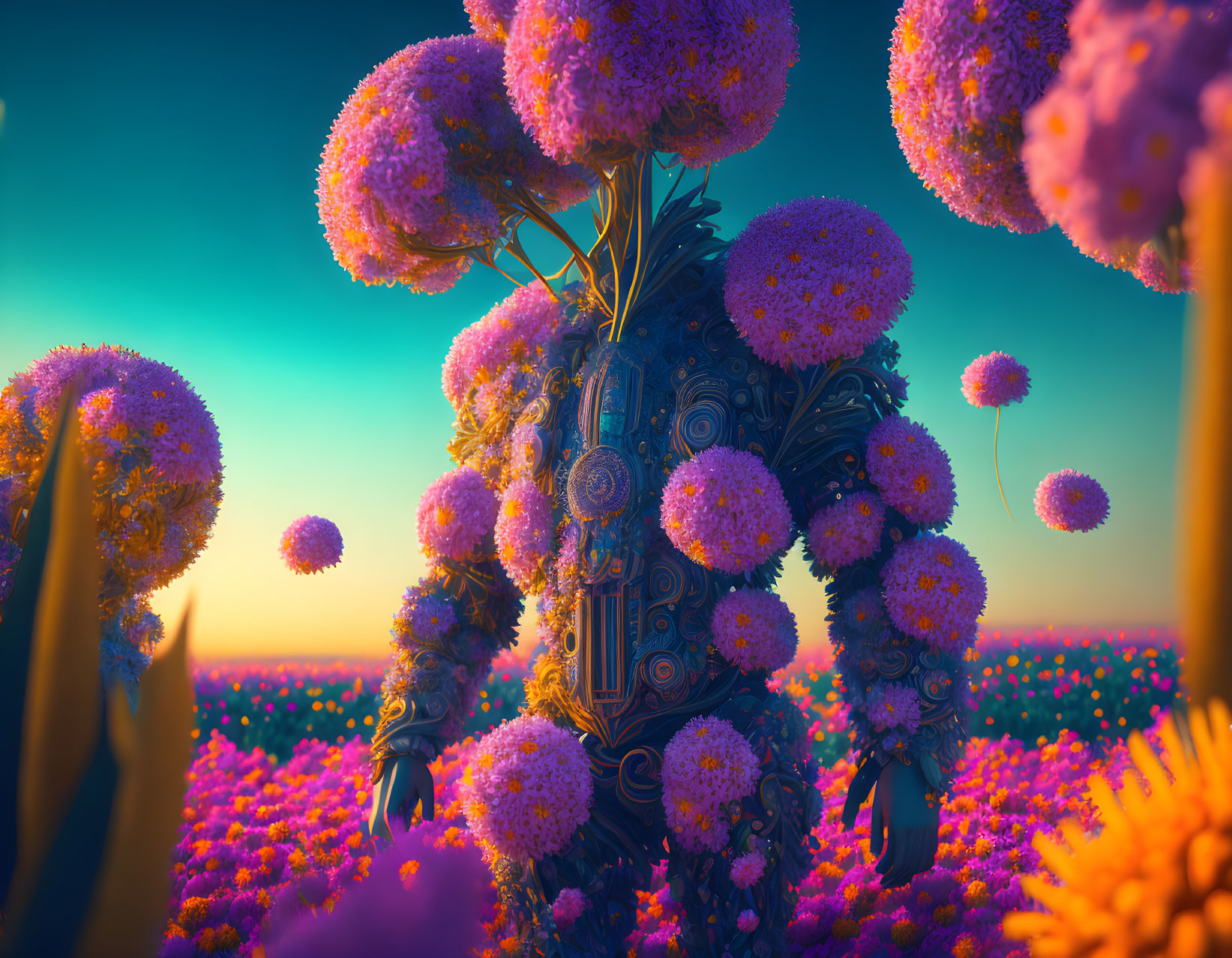 Intricate robotic figure in vibrant field of purple flowers