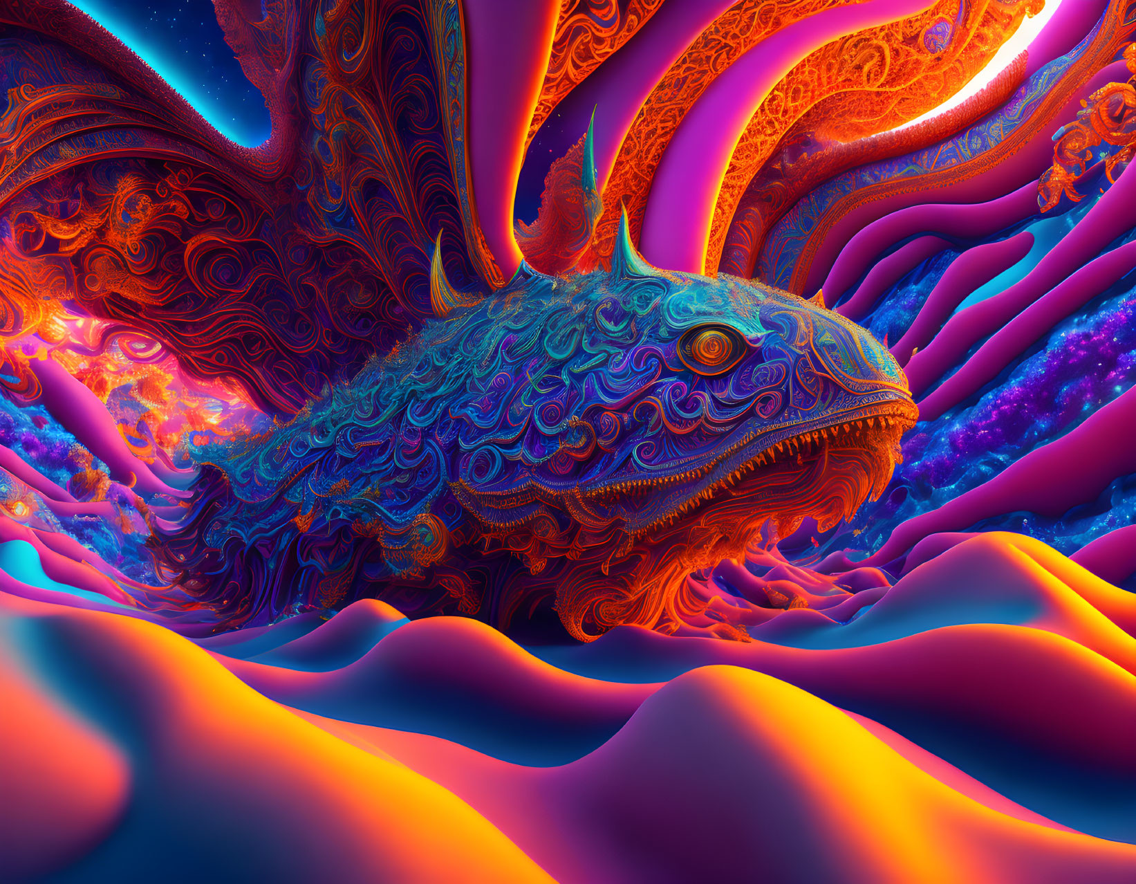 Colorful fractal-inspired chameleon on swirling background.