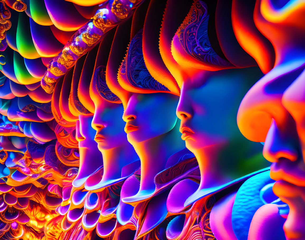 Multicolored digital artwork of symmetrical human profiles with intricate textures on neon backdrop