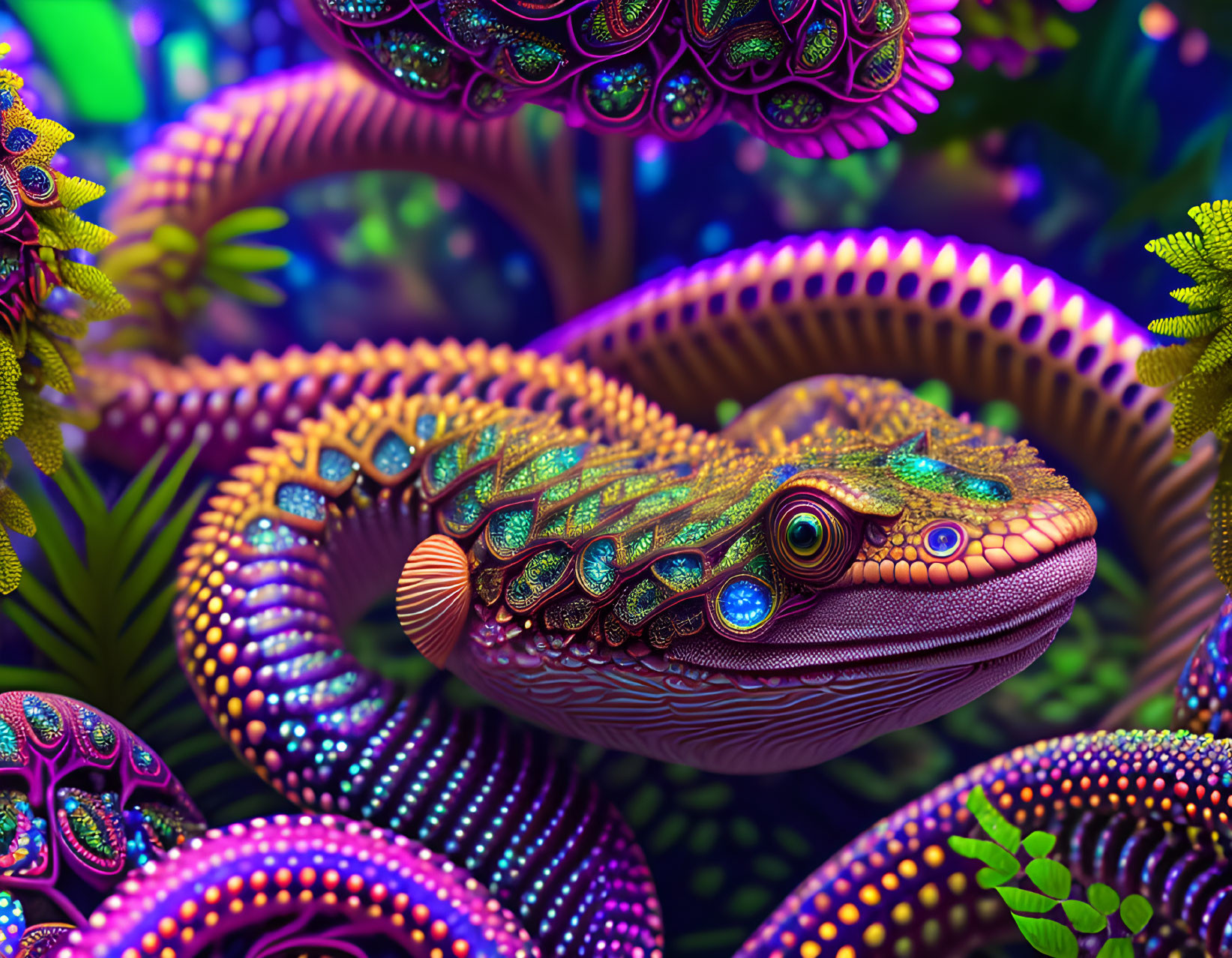 Colorful fractal-inspired chameleon art with intricate patterns in psychedelic foliage