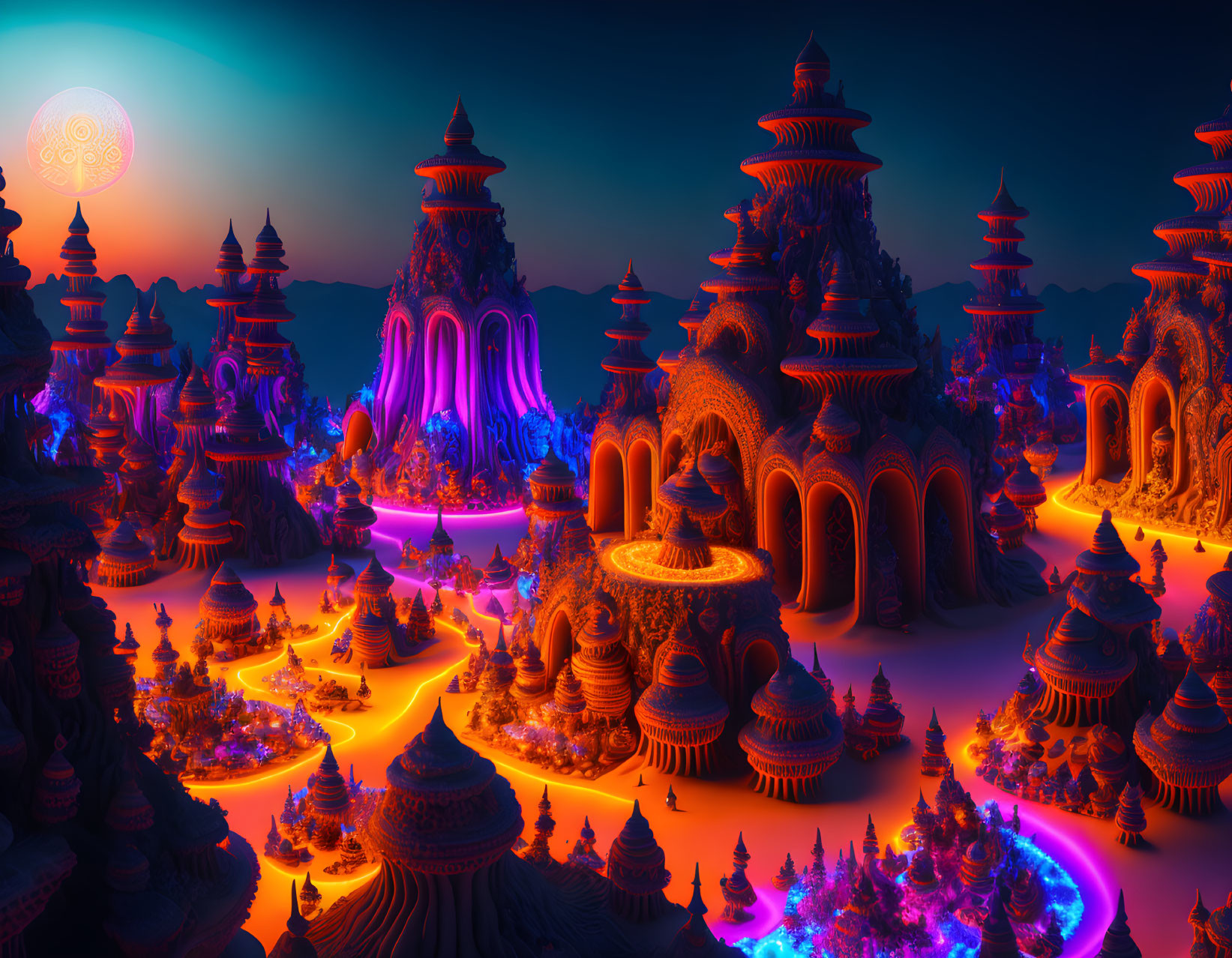 Fantasy landscape with neon towers, glowing rivers, and luminescent flora