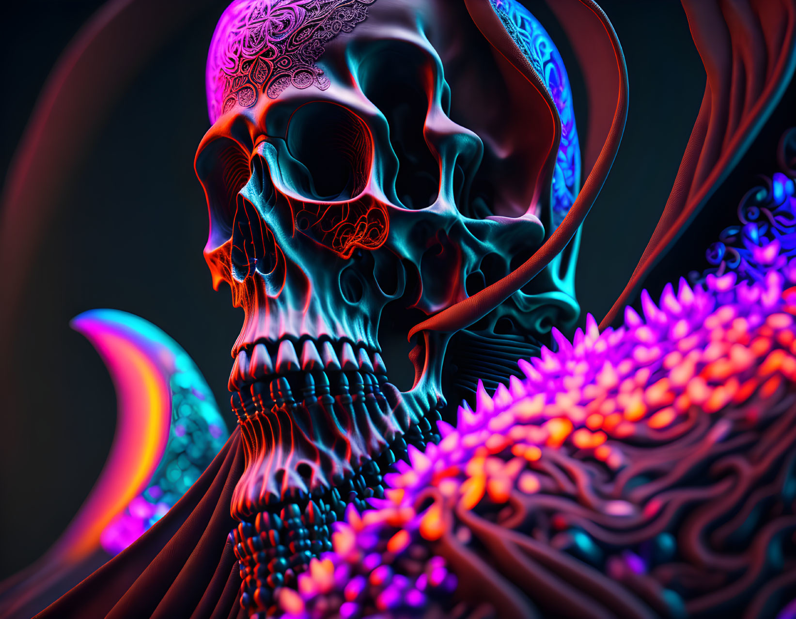 Neon-colored skull in abstract digital artwork