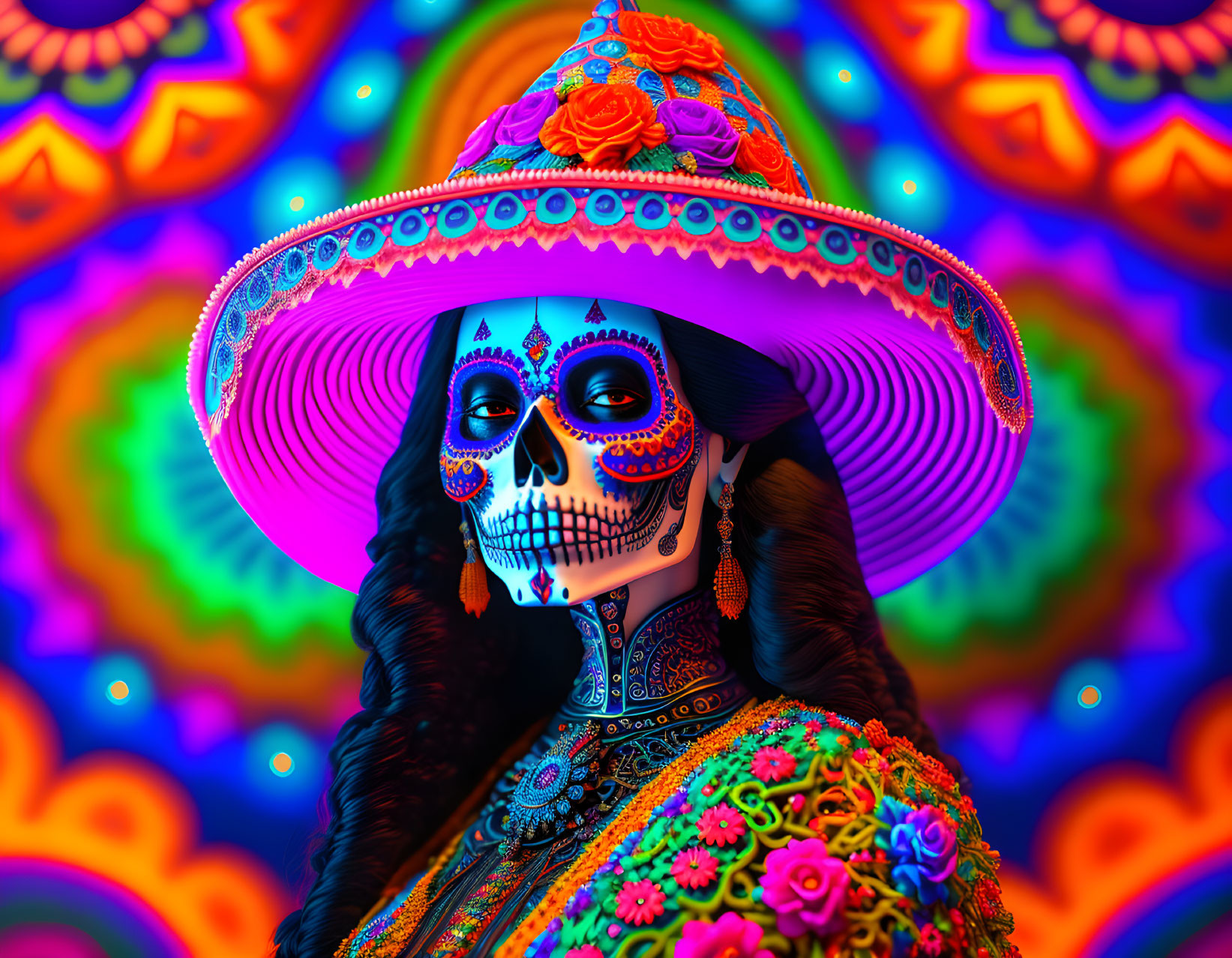 Colorful La Catrina with skull face and pink sombrero on psychedelic background