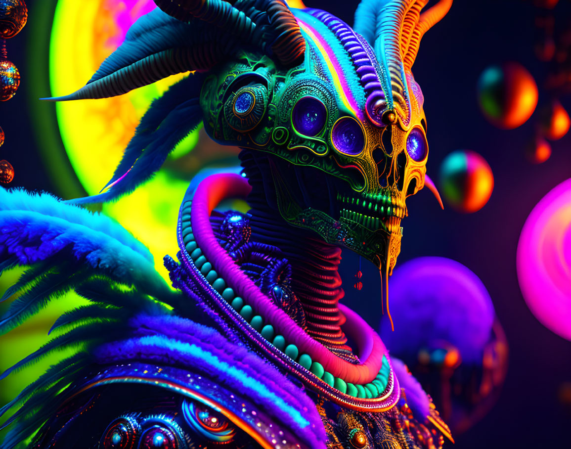 Colorful digital artwork of intricate alien creature with spiraling horns and neon orbs.