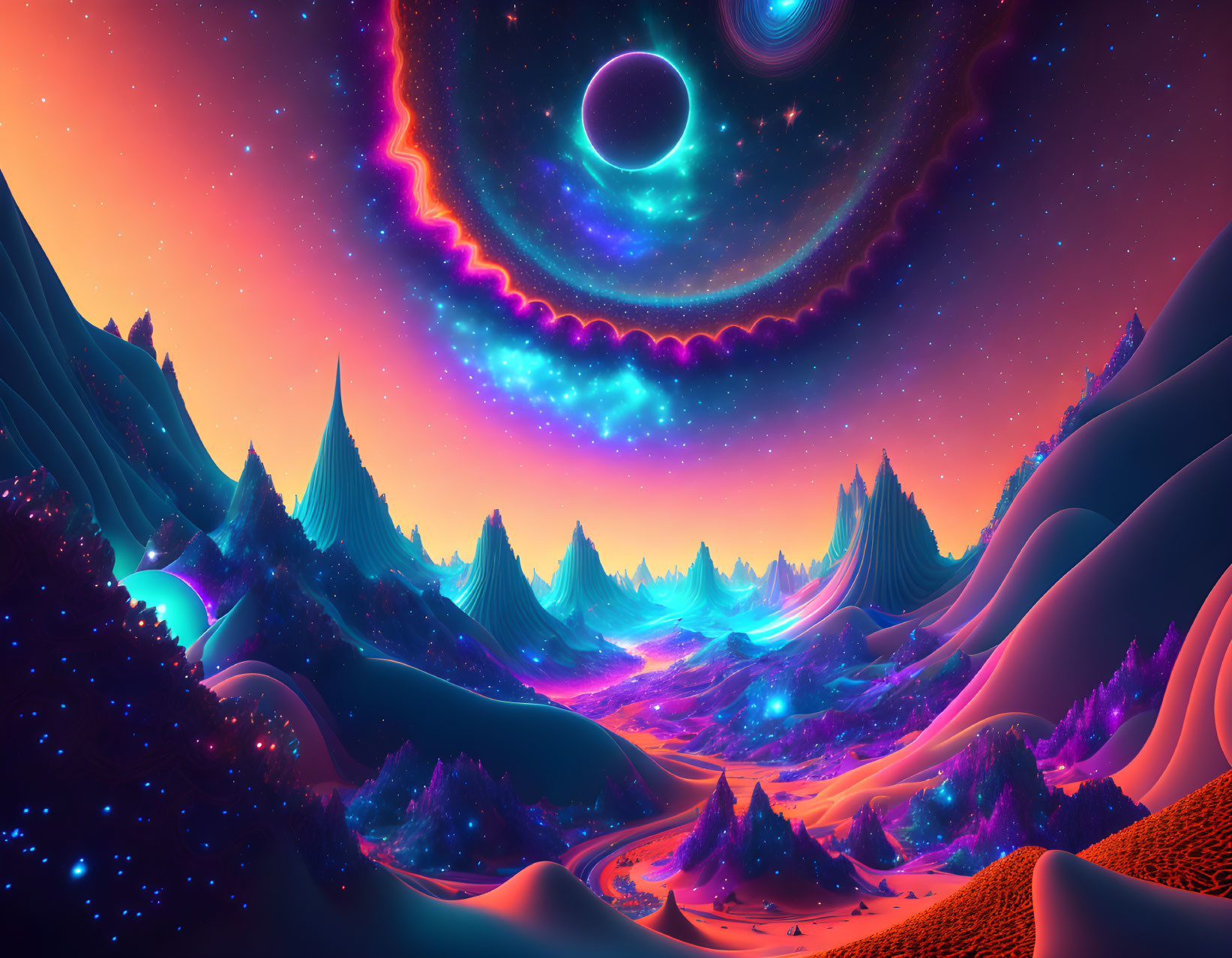 Colorful alien landscape with mountains, ringed planet, and cosmic sky