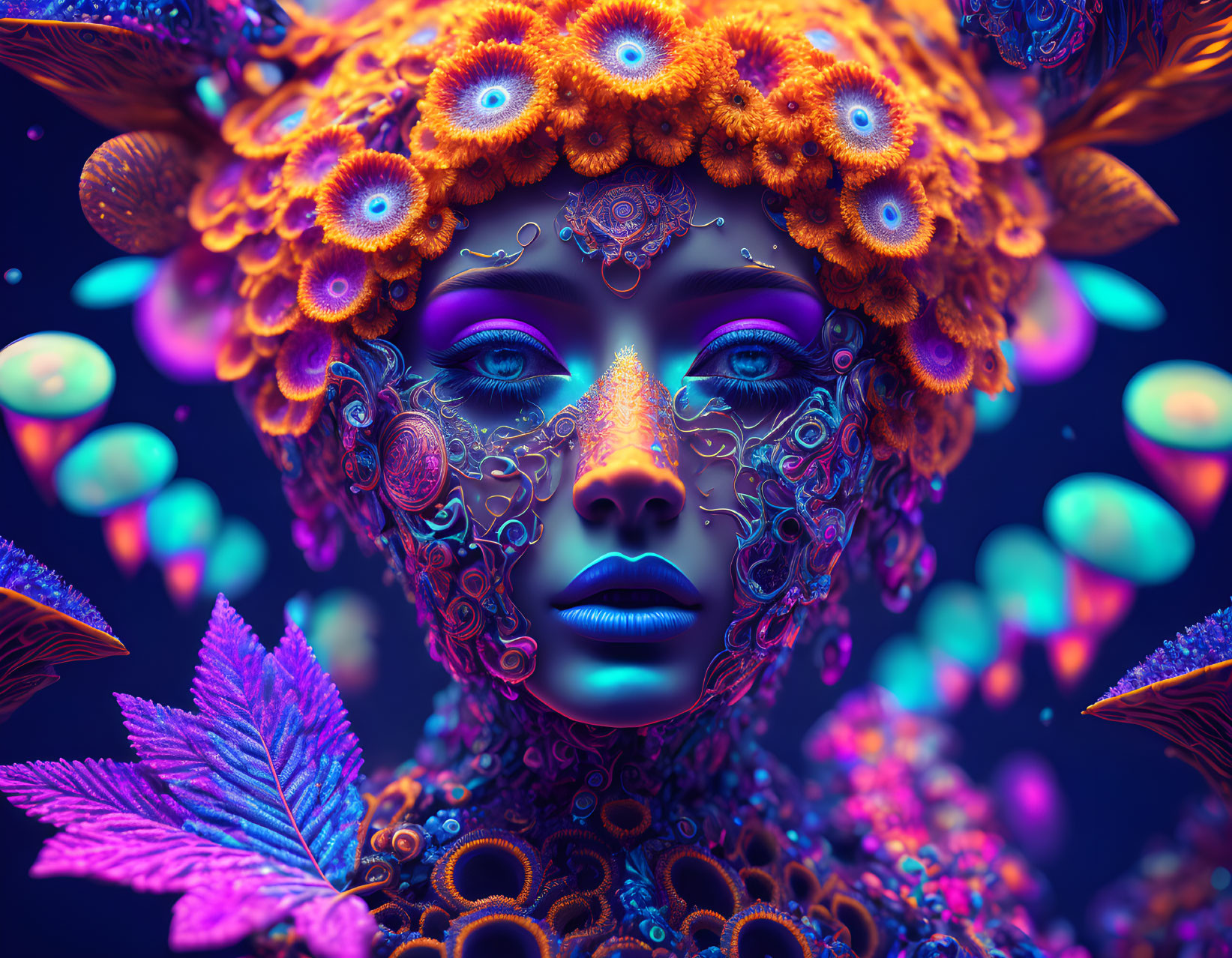 Colorful digital artwork of woman with floral patterns and orbs