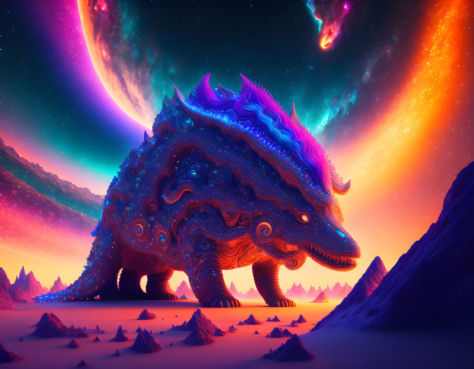 Colorful Turtle-Like Creature in Alien Desert Landscape