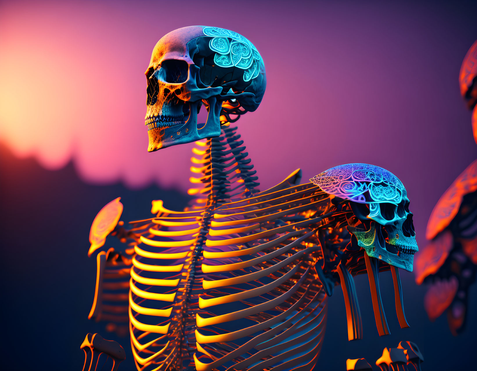 Vibrant digital artwork: Skeletons with neon outlines & intricate patterns on skulls.