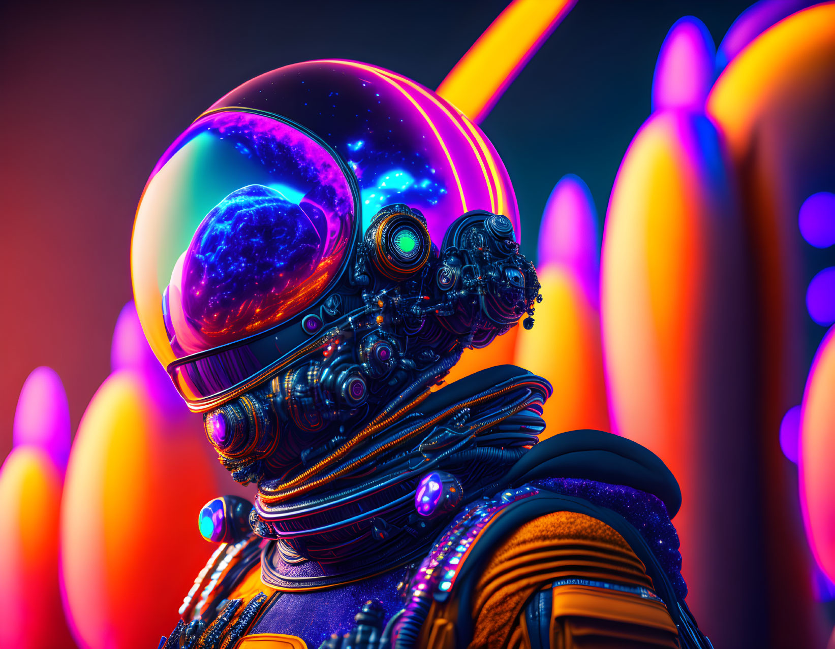 Astronaut with reflective helmet in galaxy setting against neon shapes