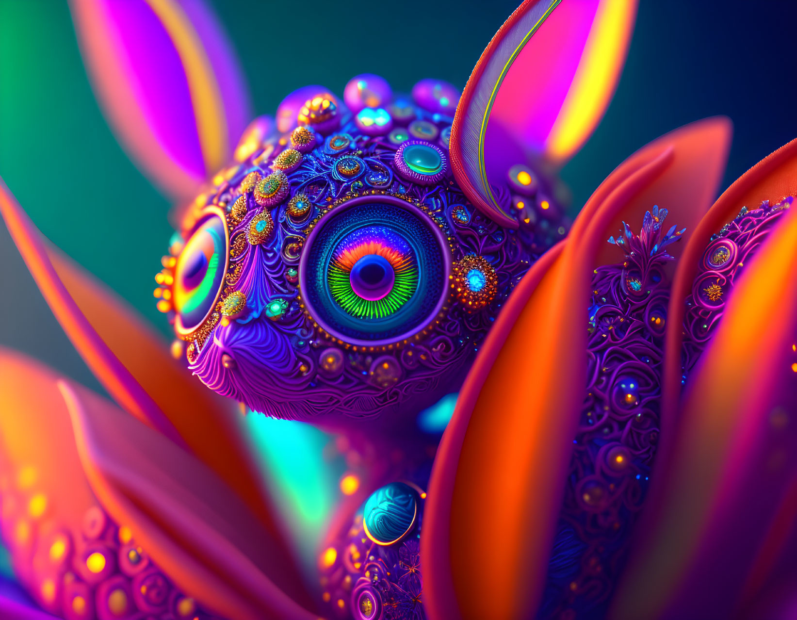 Colorful surreal creature with eye-patterned body and ornate petals on gradient background