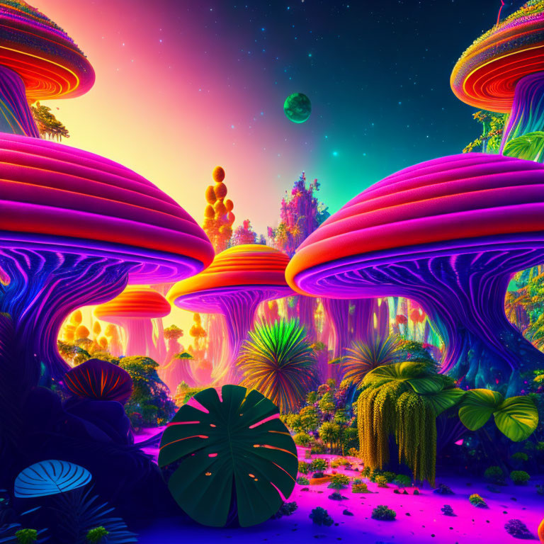 Vibrant alien landscape with colossal mushroom-like flora under a starry sky and multiple moons in neon