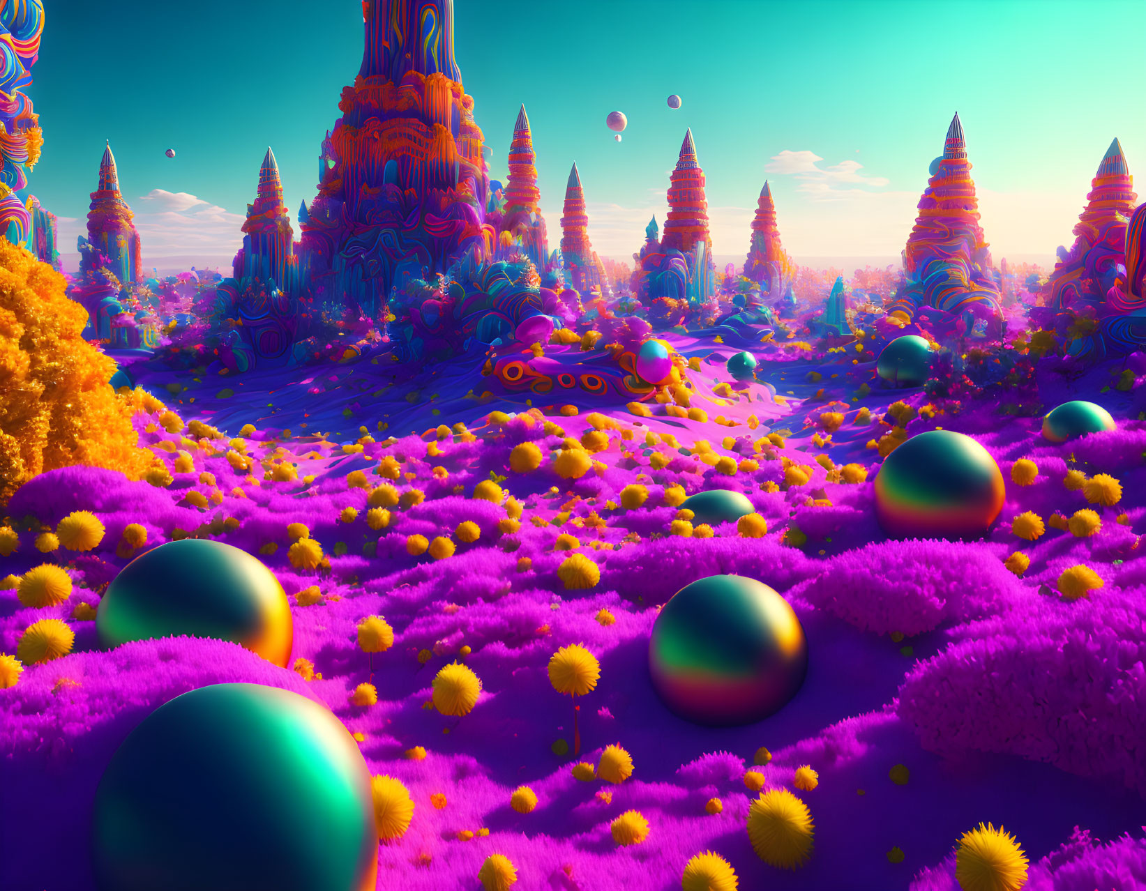 Colorful alien landscape: purple flora, metallic spheres, spire-like structures, blue sky