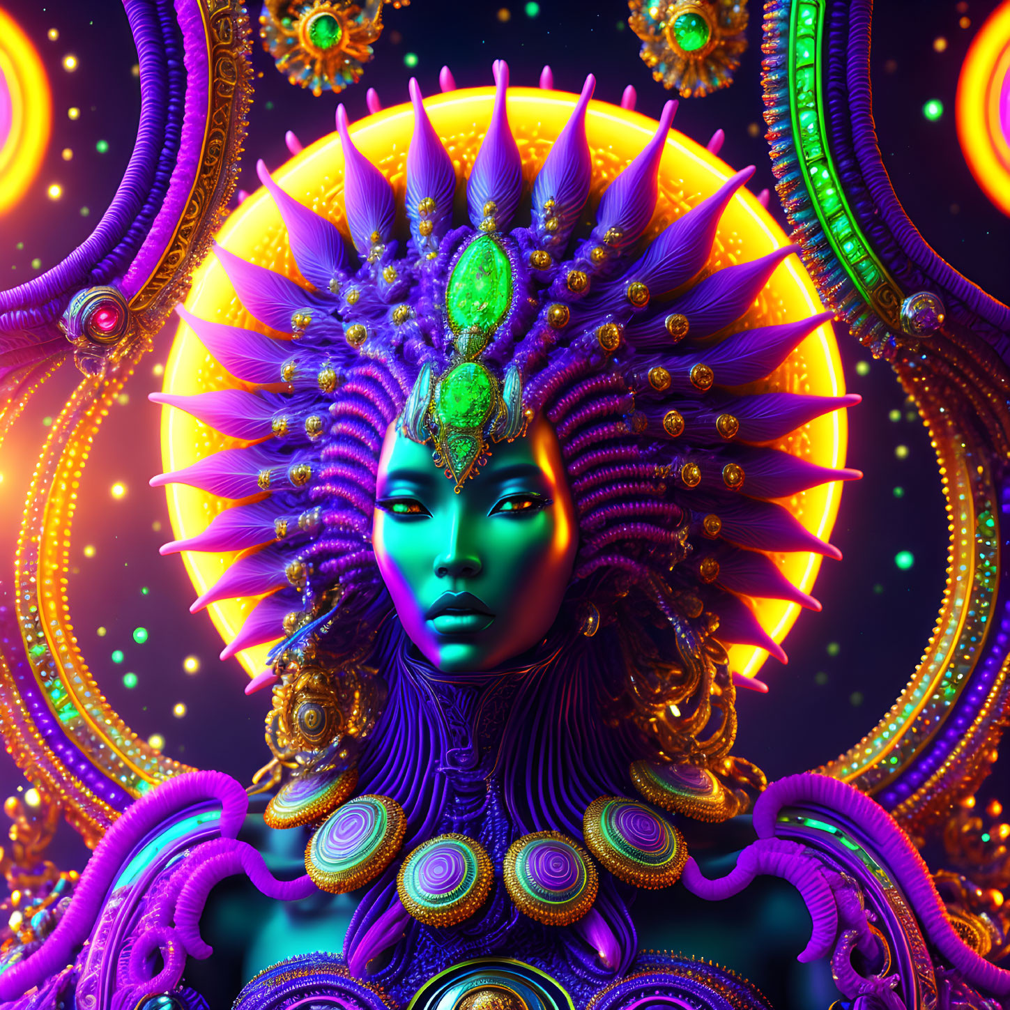 Colorful digital artwork: female character with gem-adorned headdress in cosmic setting