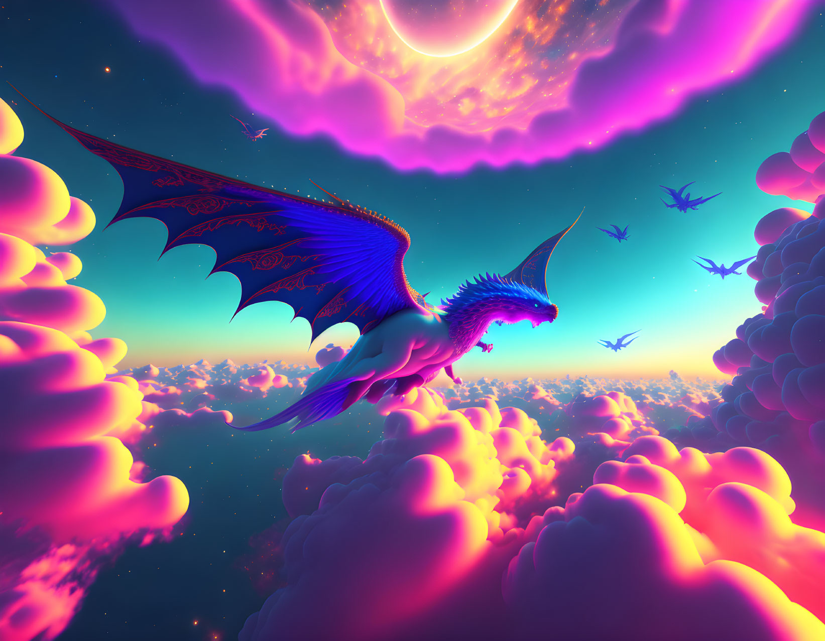 Blue dragon flying in vibrant sky with pink clouds and purple planet, surrounded by distant dragons.