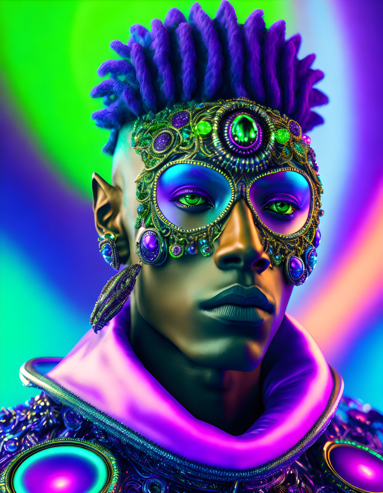 Colorful portrait of person with jeweled eyewear and purple dreadlocks on psychedelic backdrop