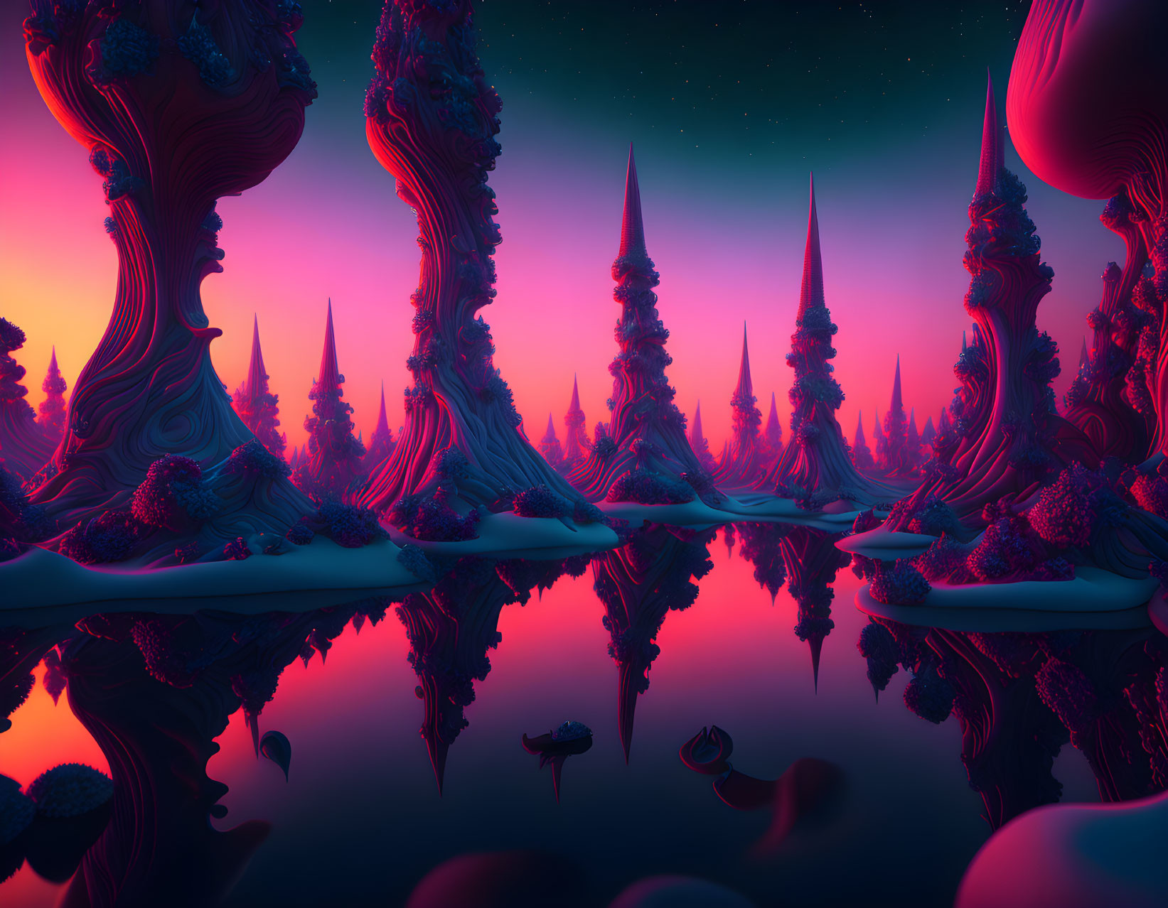 Surreal vibrant landscape with stylized trees and gradient sky.