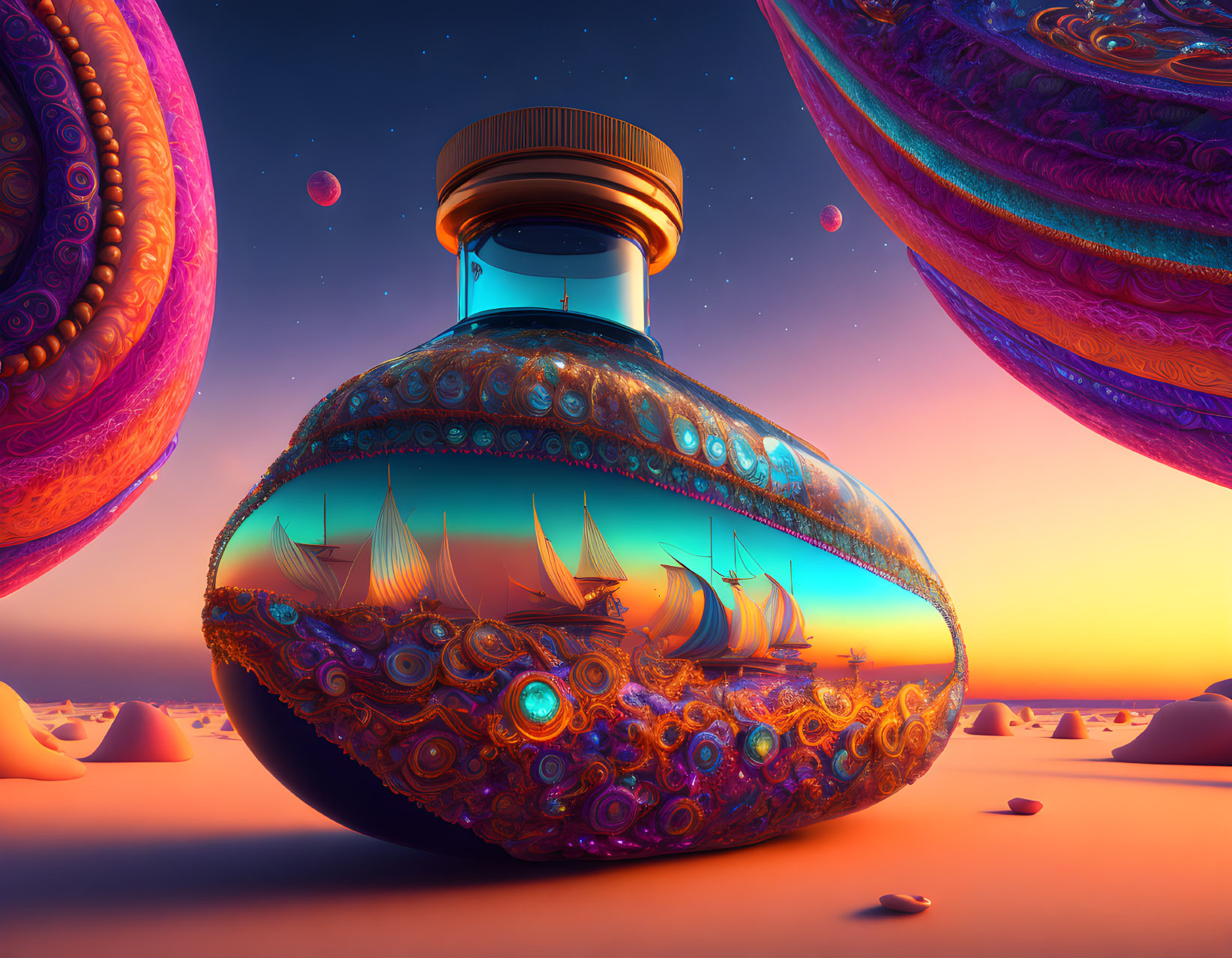 Surreal image of ship in bottle in desert with floating spheres