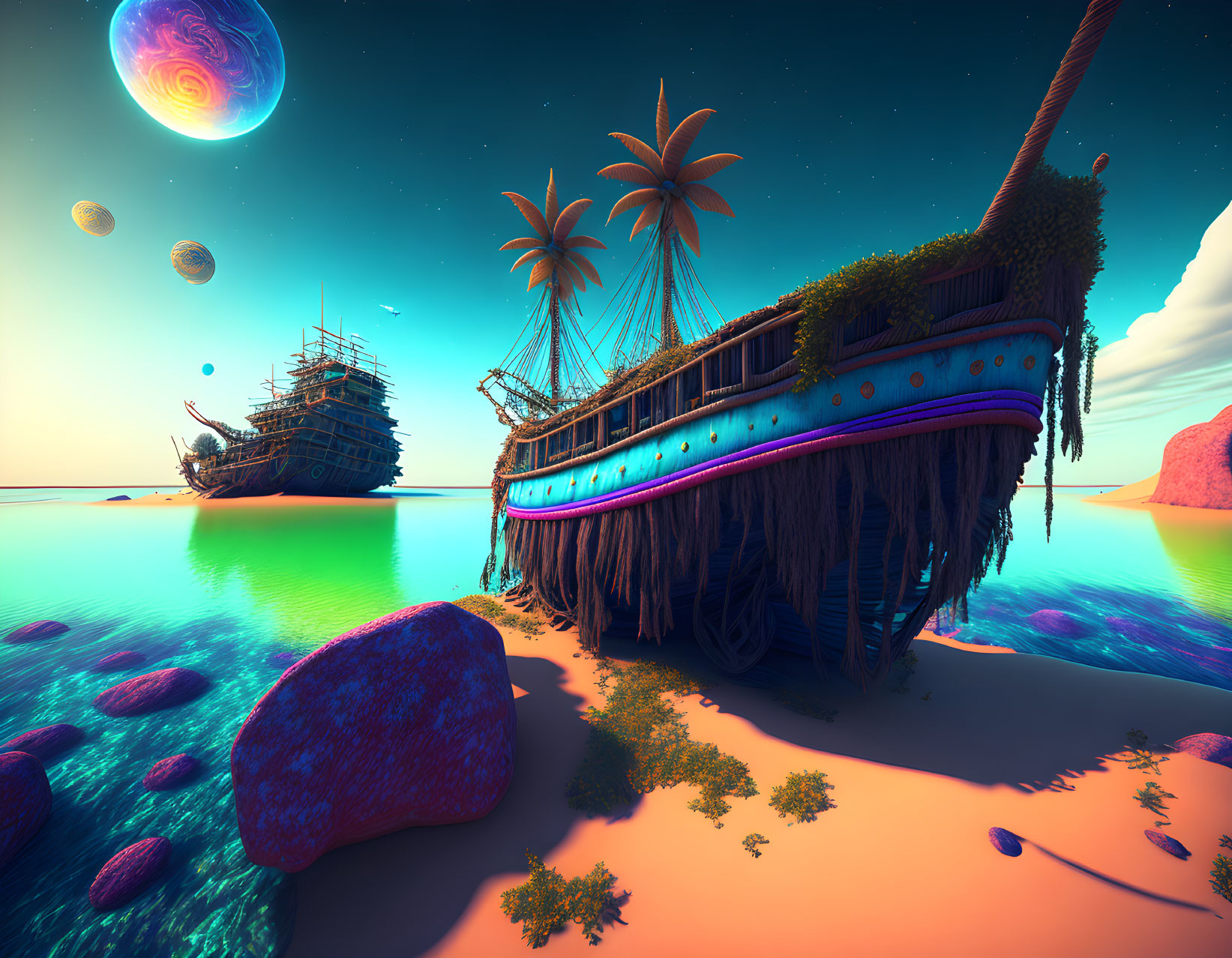 Abandoned ships on surreal beach with vibrant plants and otherworldly sky