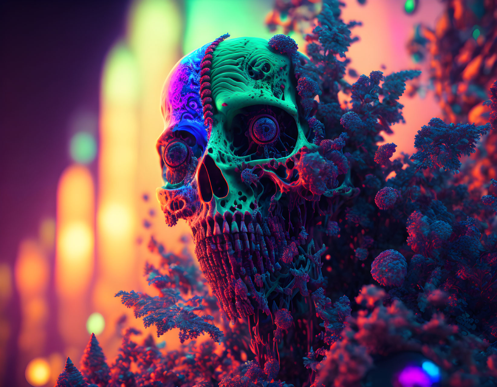 Colorful Skull Among Pink and Green Foliage with Glowing Lights